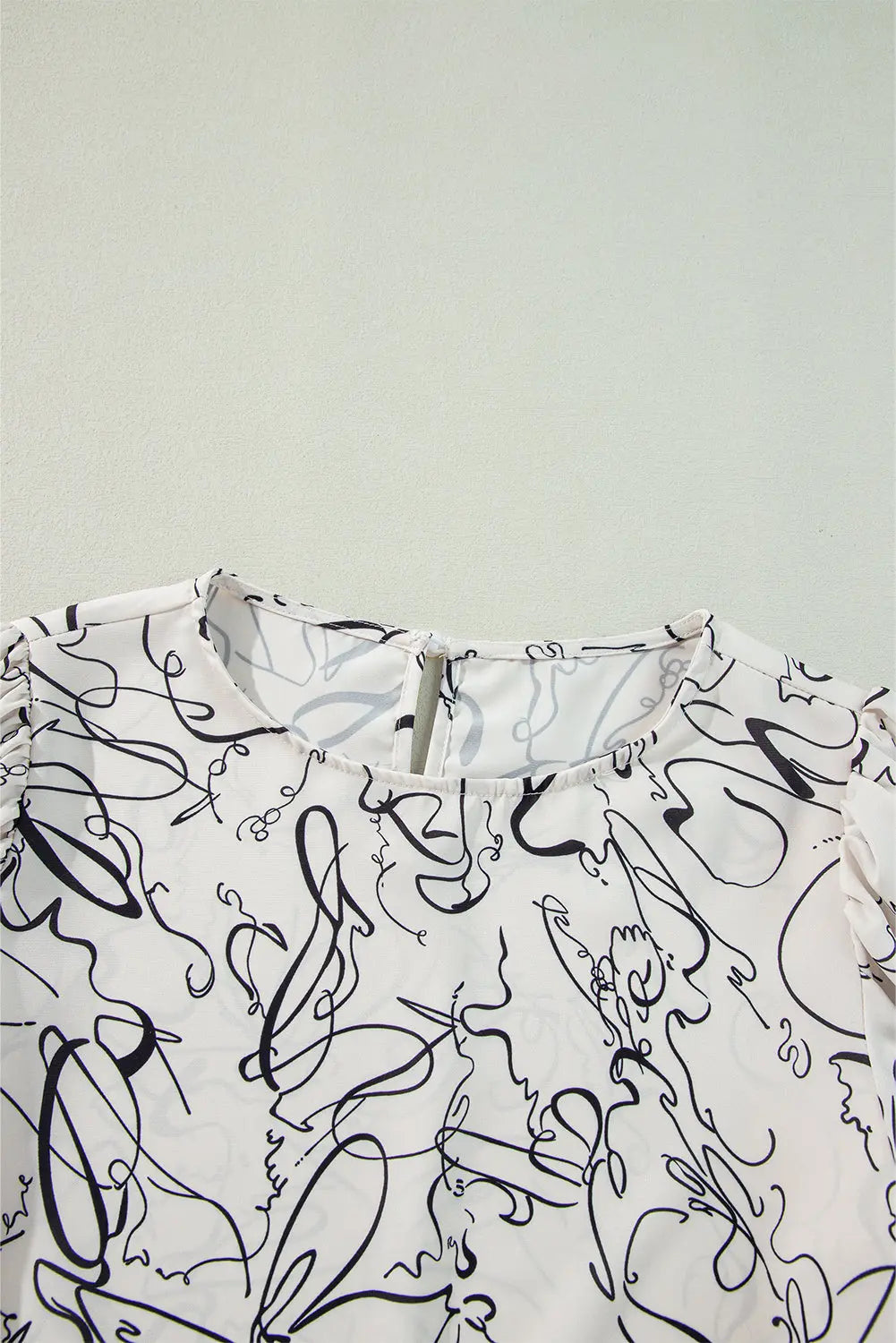 Beige Abstract Print Balloon Sleeve Crew Neck Blouse Beagle Boutique Fashion Outlet