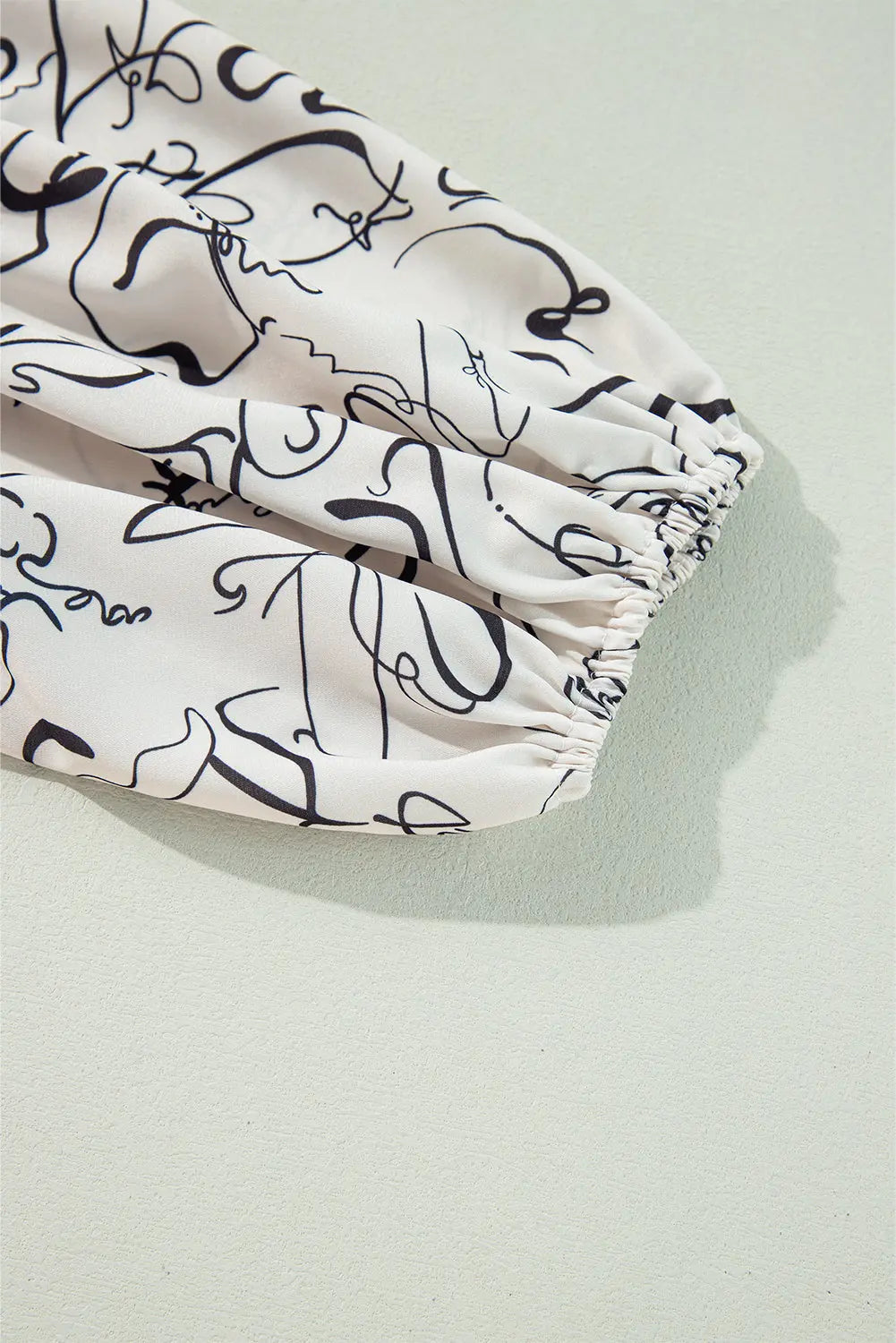 Beige Abstract Print Balloon Sleeve Crew Neck Blouse Beagle Boutique Fashion Outlet