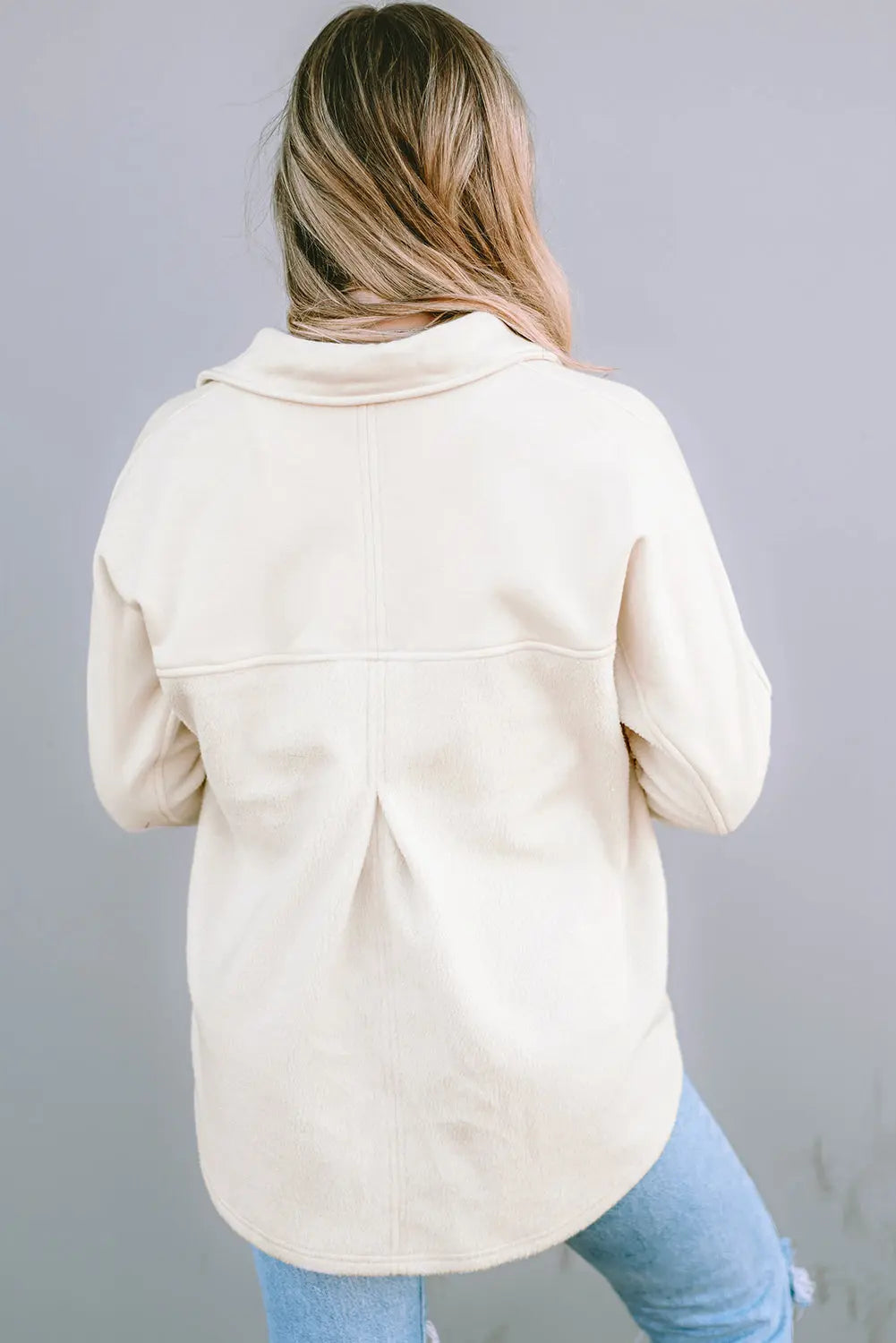 Beige Button-Up Stitching Pocket Raw Hem Shacket - eAura