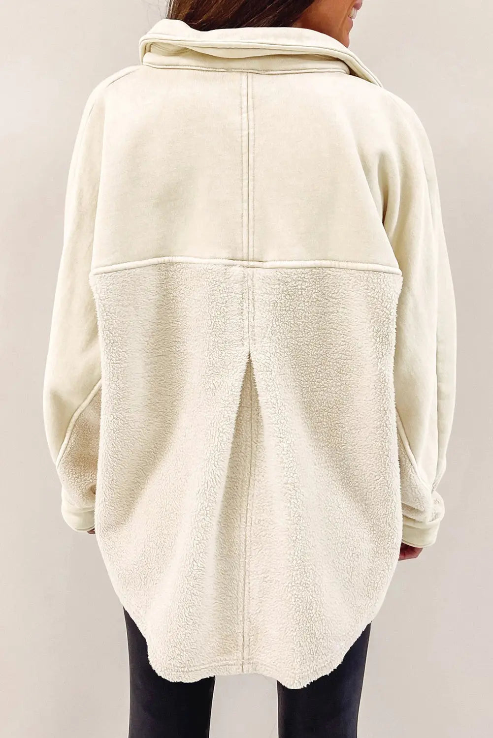 Beige Button-Up Stitching Pocket Raw Hem Shacket - eAura