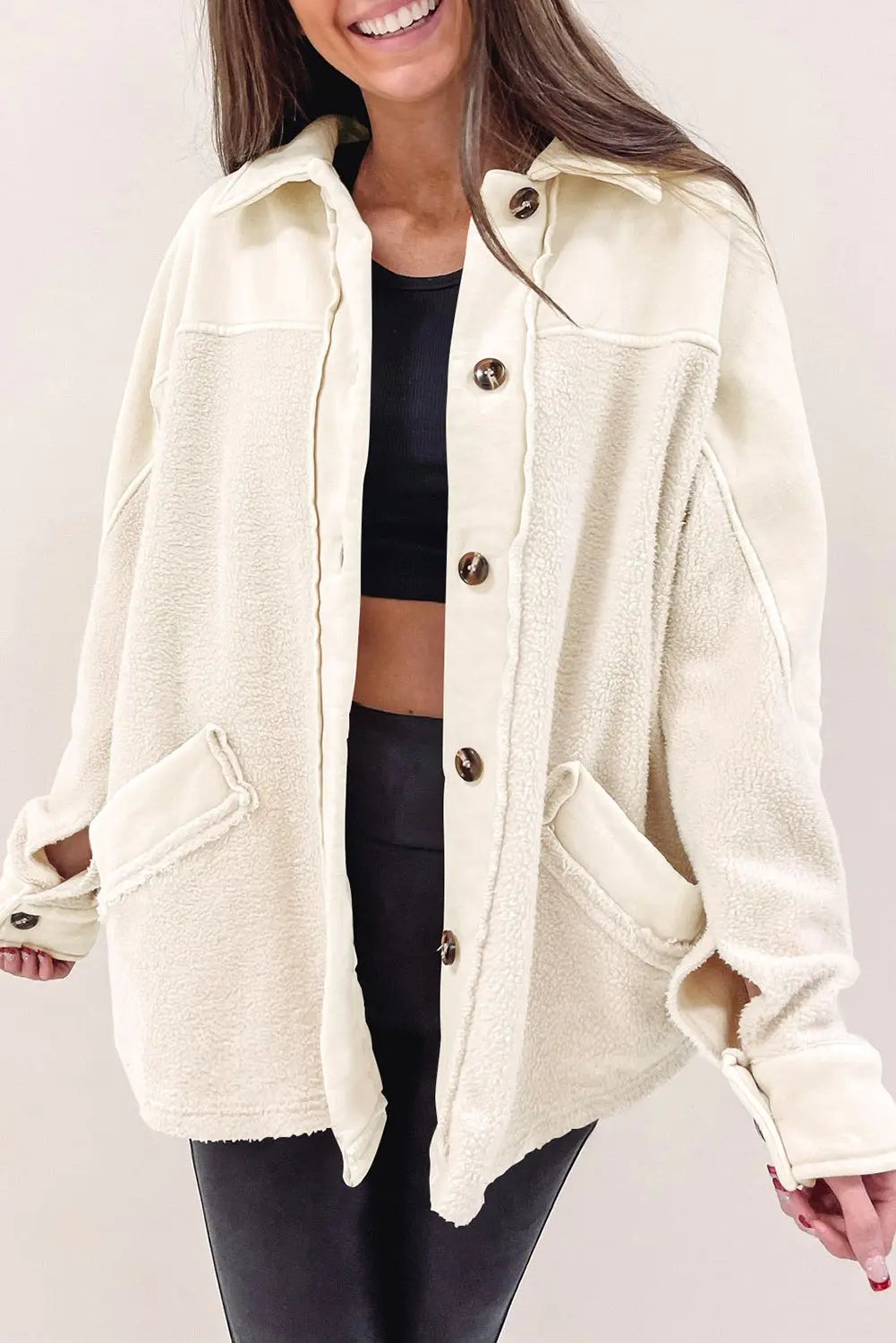 Beige Button-Up Stitching Pocket Raw Hem Shacket - eAura