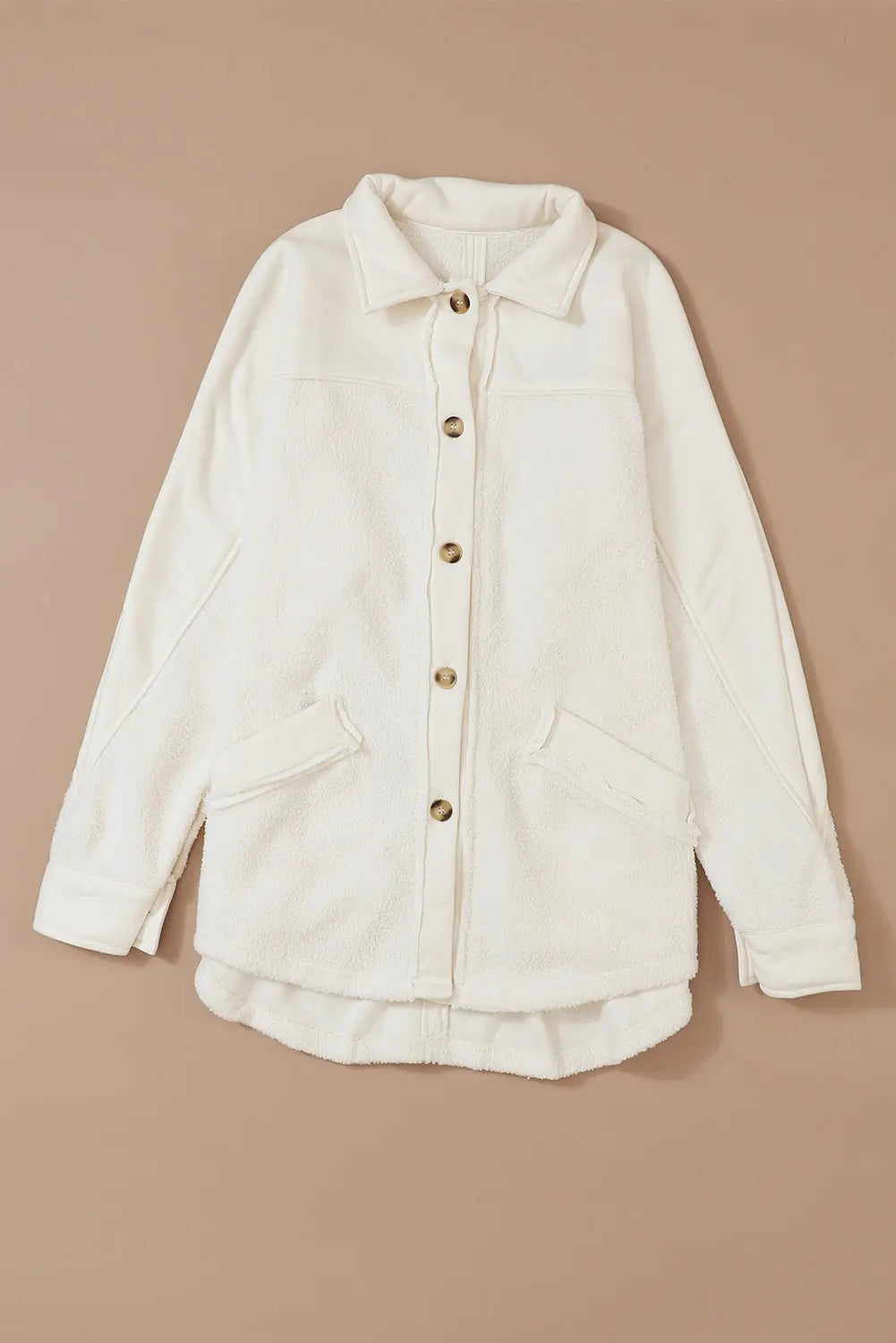 Beige Button-Up Stitching Pocket Raw Hem Shacket - eAura