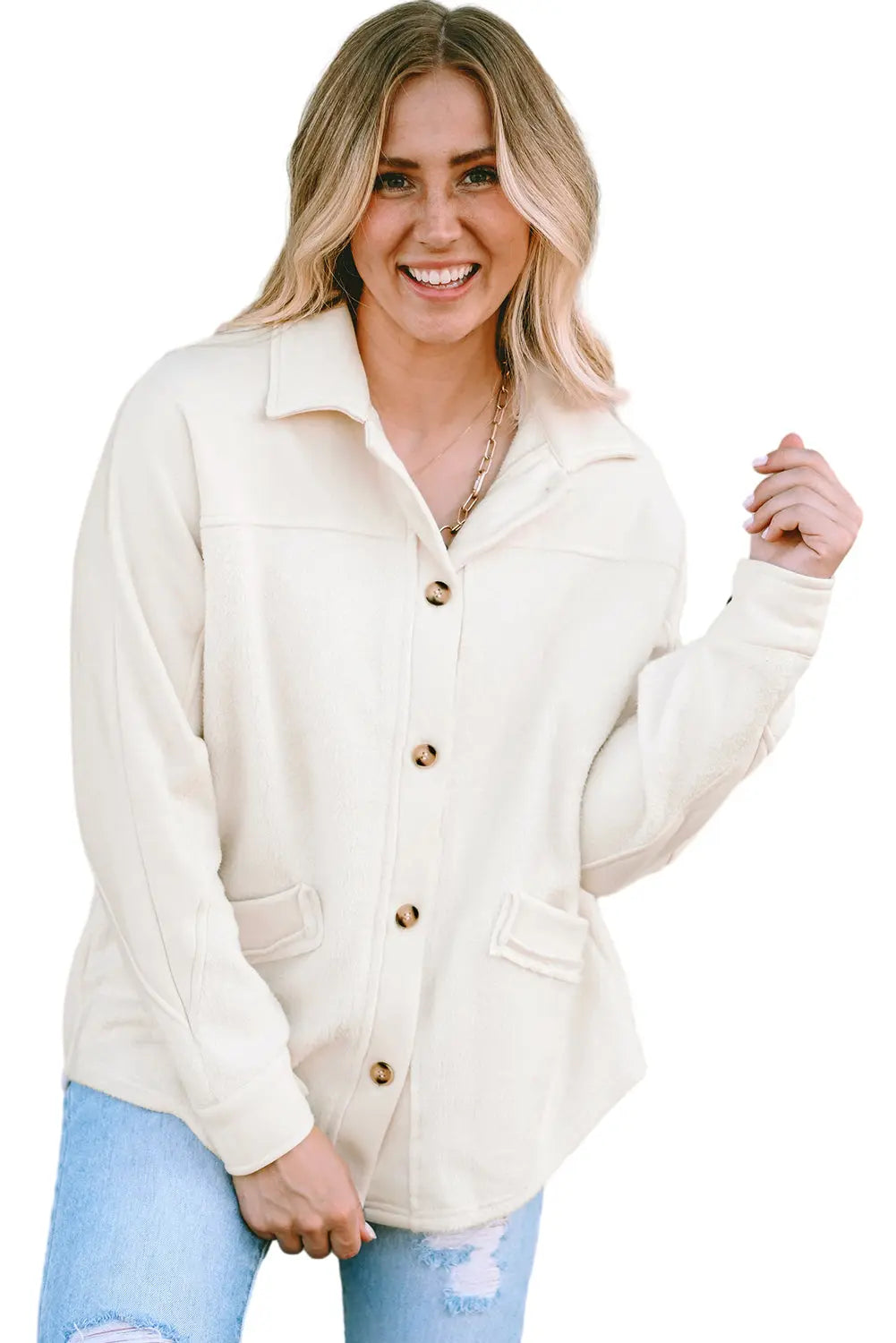 Beige Button-Up Stitching Pocket Raw Hem Shacket - eAura