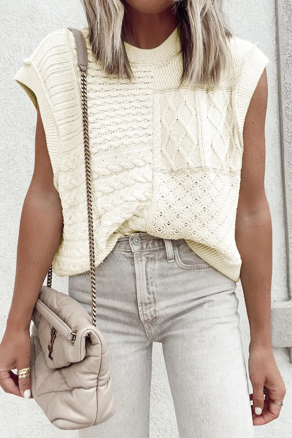Beige Cable Knit Dolman Armholes Sweater Tank - eAura