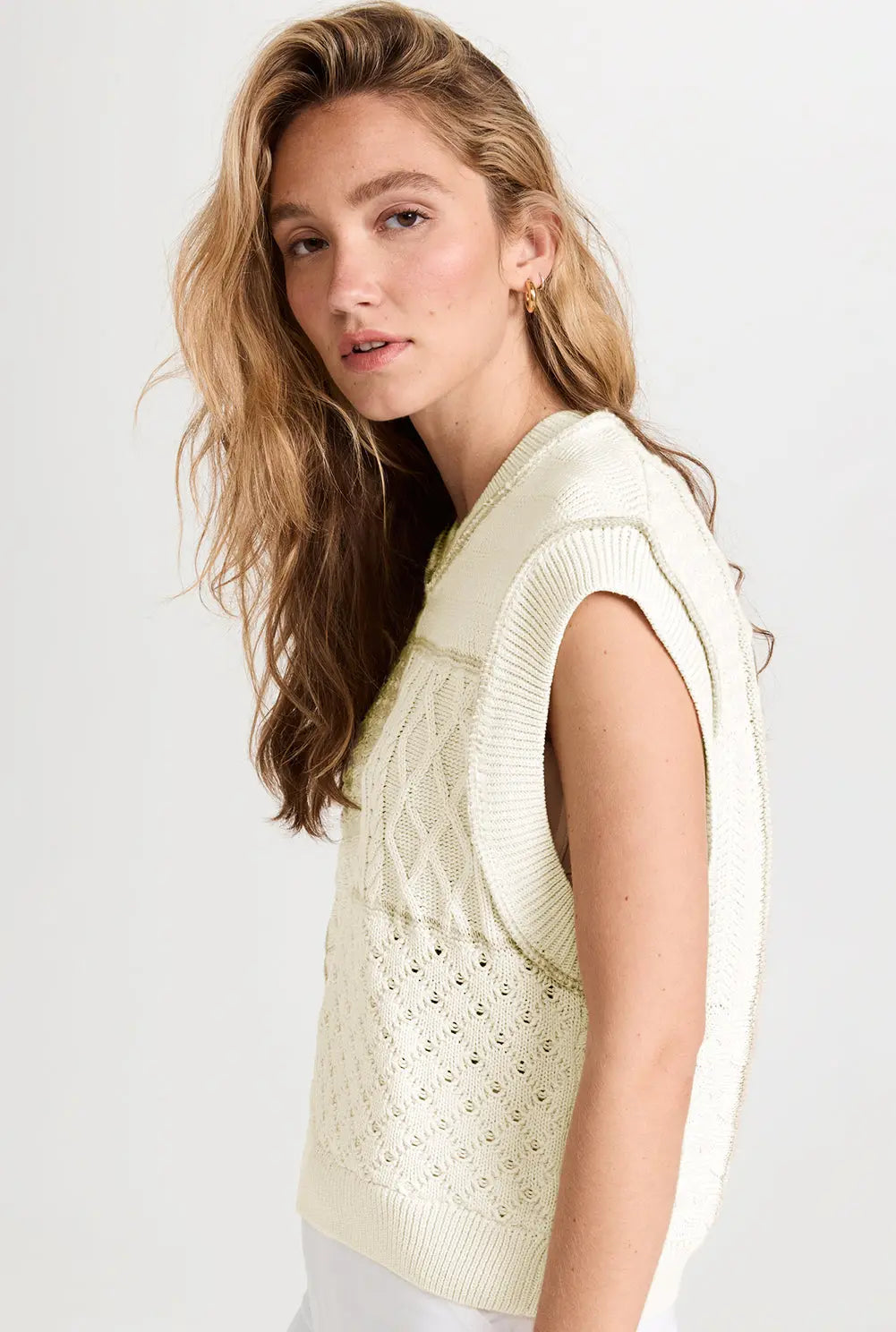 Beige Cable Knit Dolman Armholes Sweater Tank - eAura