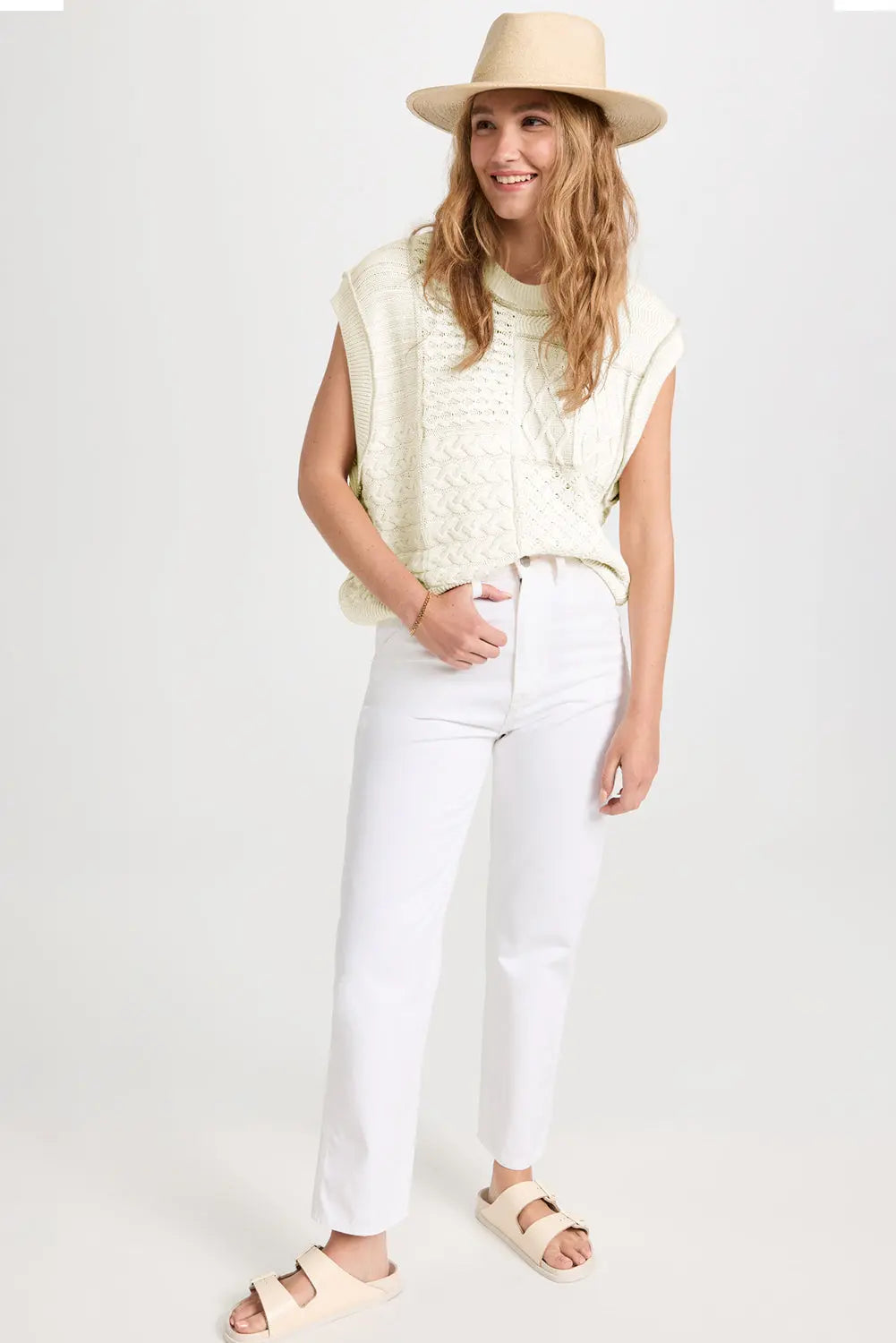 Beige Cable Knit Dolman Armholes Sweater Tank - eAura
