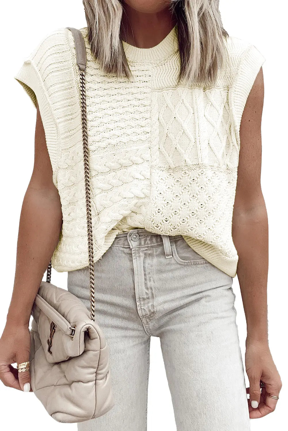 Beige Cable Knit Dolman Armholes Sweater Tank - eAura