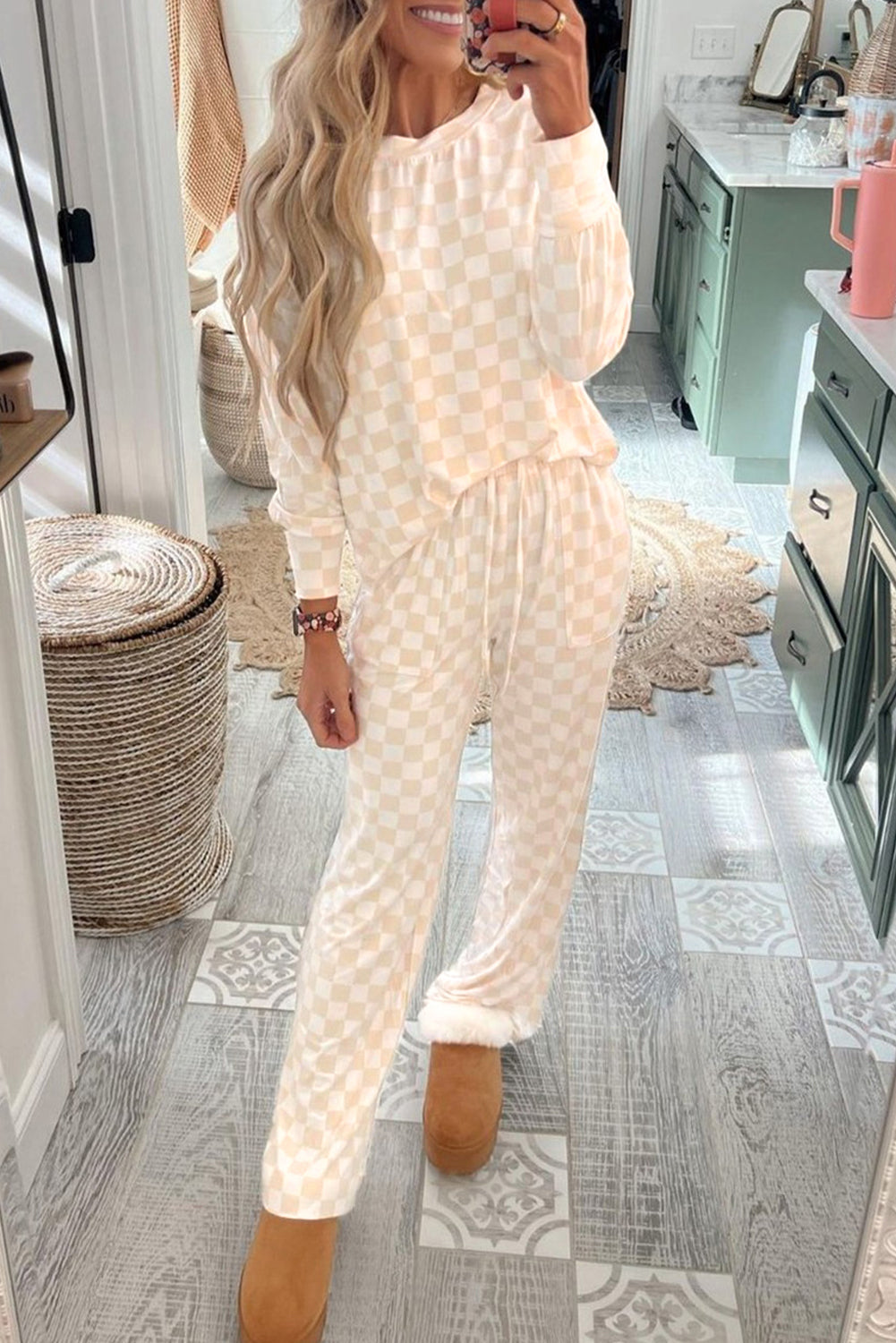 Beige Checkered Print Long Sleeve Top and Trousers Lounge Set - eAura