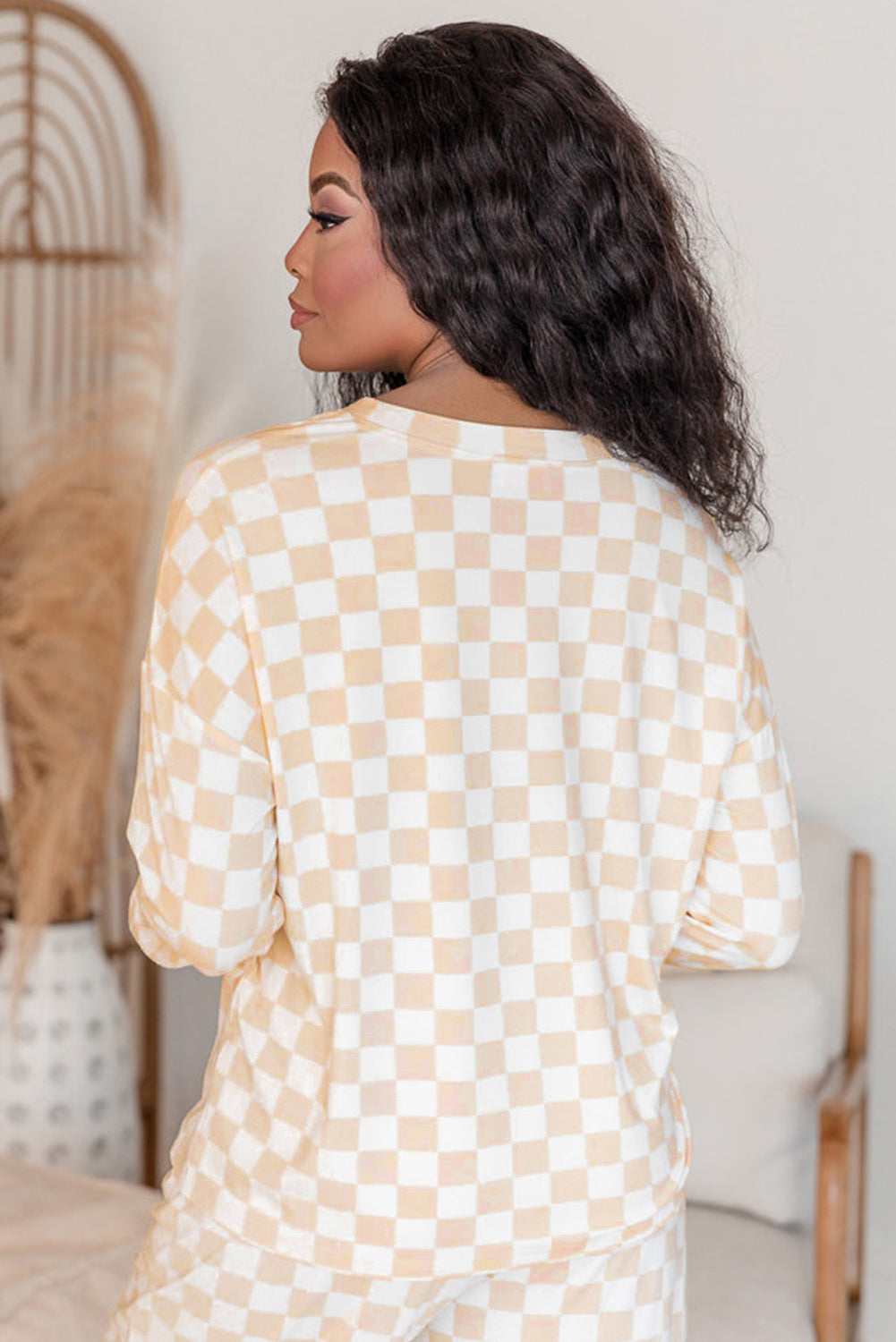 Beige Checkered Print Long Sleeve Top and Trousers Lounge Set - eAura