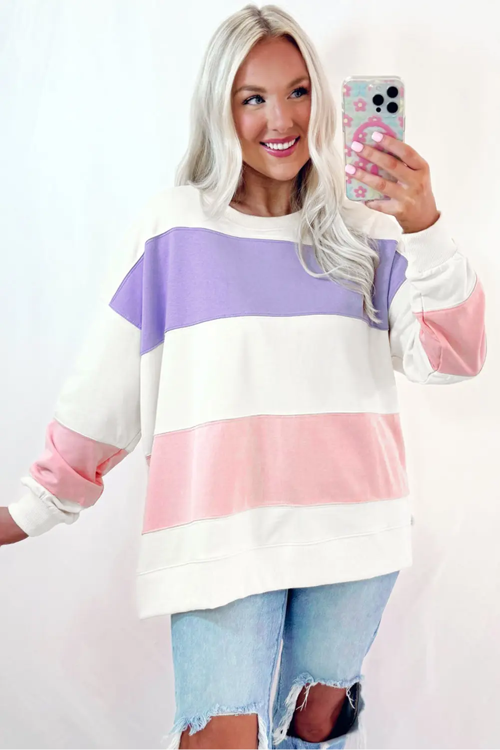 Beige Colourblock Patchwork Drop Shoulder Crewneck Sweatshirt - eAura