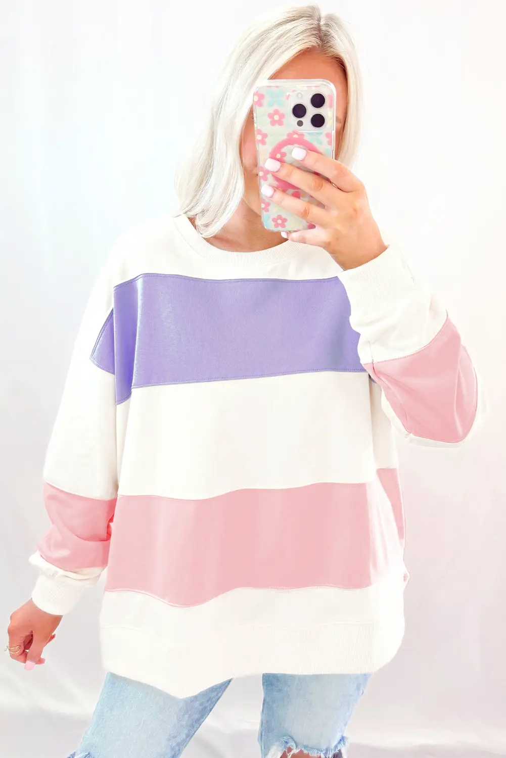Beige Colourblock Patchwork Drop Shoulder Crewneck Sweatshirt - eAura