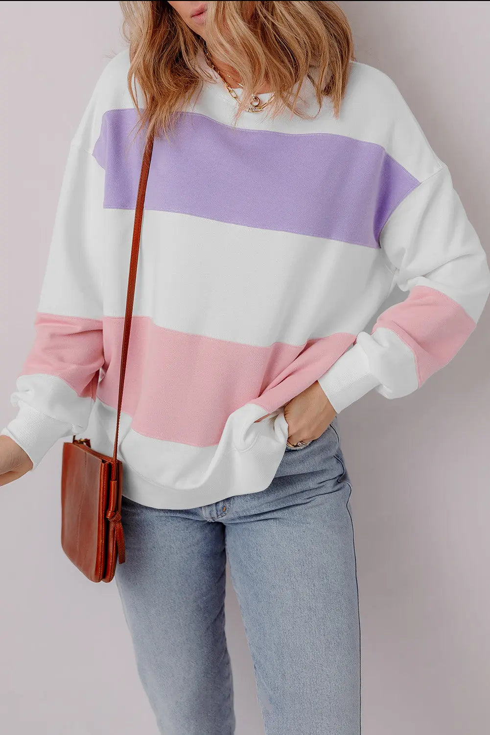 Beige Colourblock Patchwork Drop Shoulder Crewneck Sweatshirt - eAura