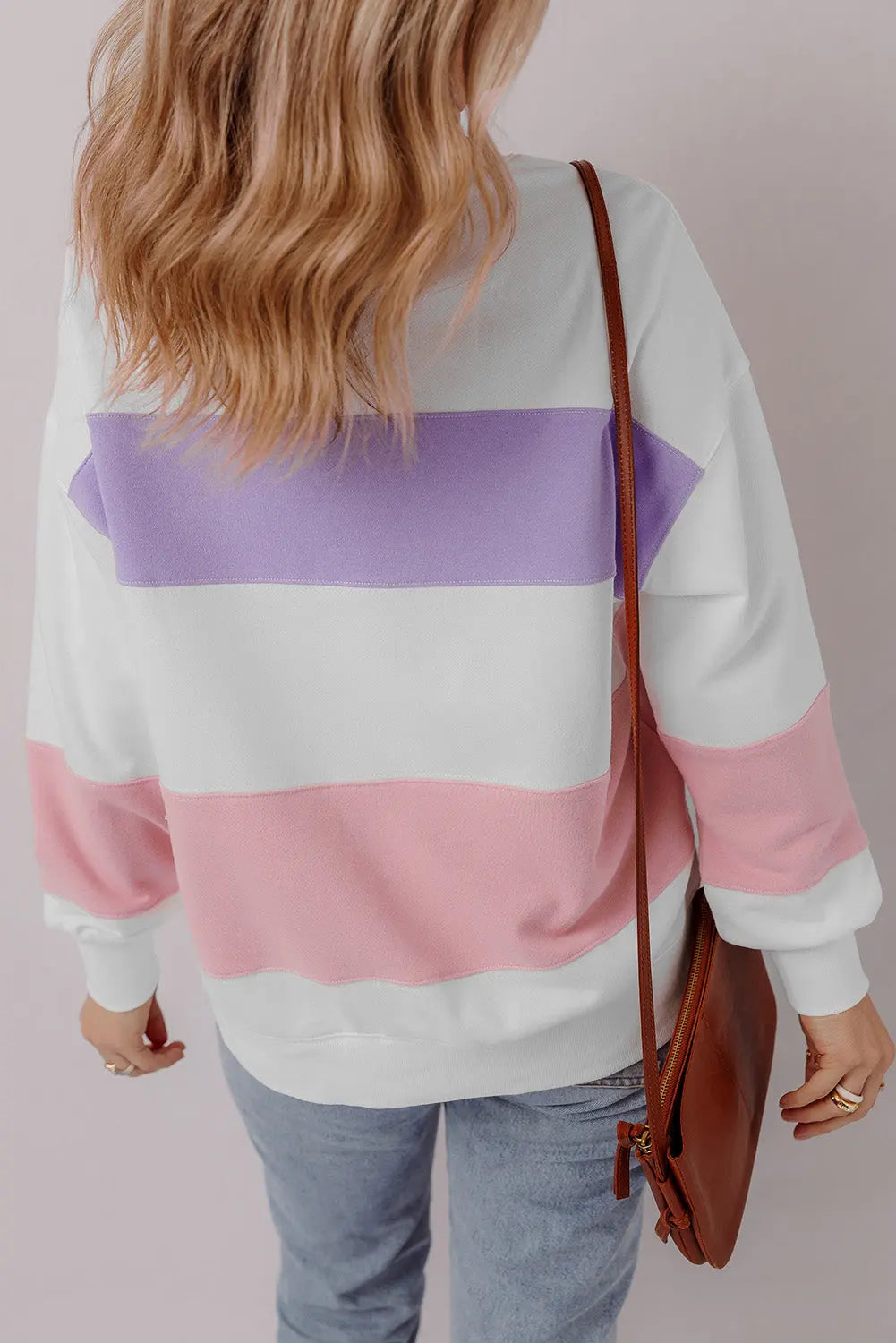 Beige Colourblock Patchwork Drop Shoulder Crewneck Sweatshirt - eAura
