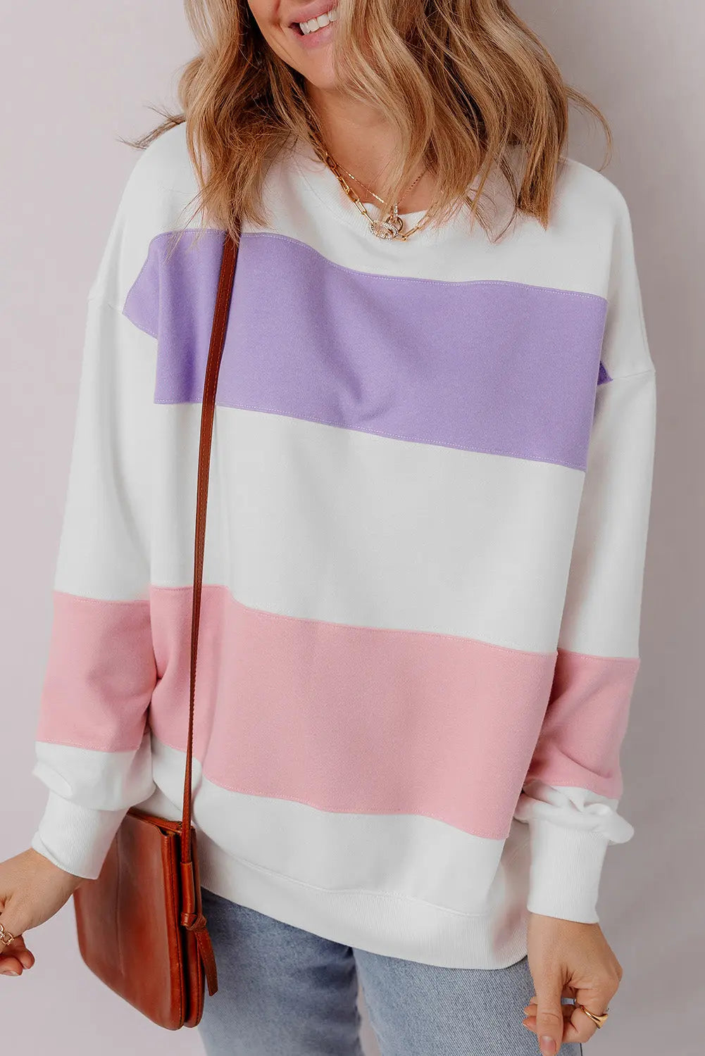 Beige Colourblock Patchwork Drop Shoulder Crewneck Sweatshirt - eAura