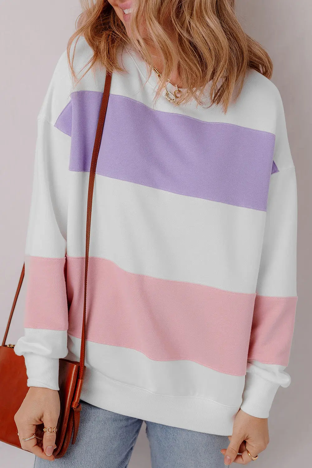 Beige Colourblock Patchwork Drop Shoulder Crewneck Sweatshirt - eAura