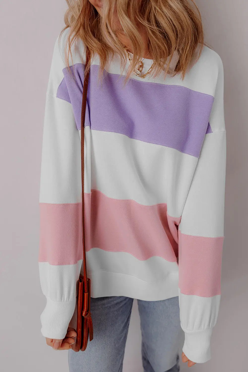 Beige Colourblock Patchwork Drop Shoulder Crewneck Sweatshirt - eAura