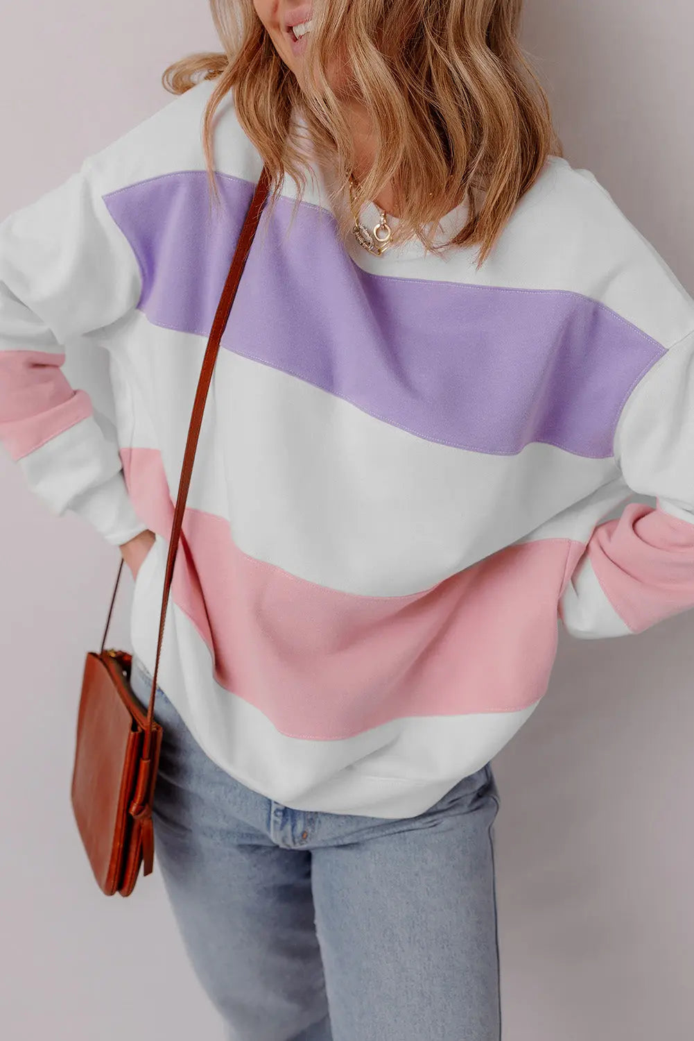 Beige Colourblock Patchwork Drop Shoulder Crewneck Sweatshirt - eAura