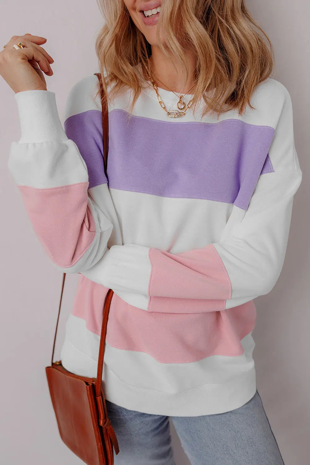 Beige Colourblock Patchwork Drop Shoulder Crewneck Sweatshirt - eAura