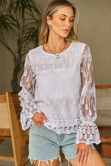 Beige Embroidered Mesh Flounce Sleeve Blouse - eAura