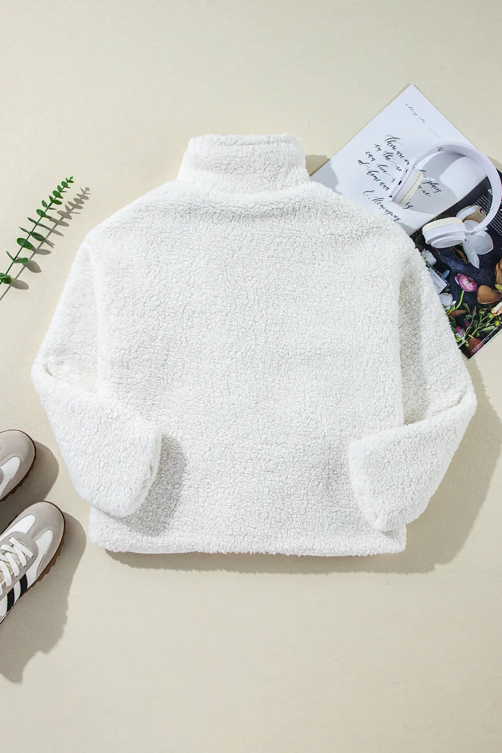 Beige Faux Fur Button Pocketed Lapel Collar Jacket - eAura