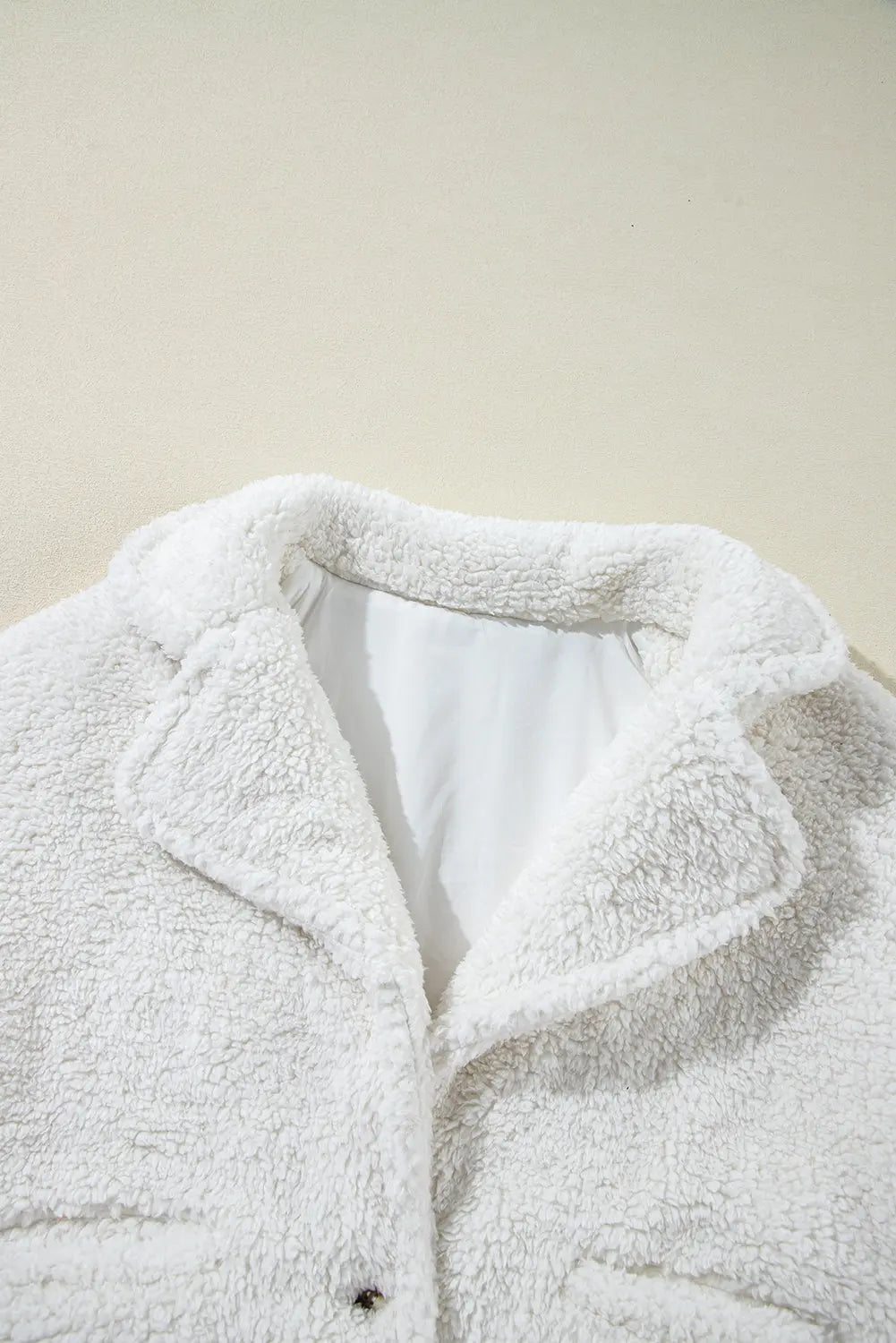 Beige Faux Fur Button Pocketed Lapel Collar Jacket - eAura