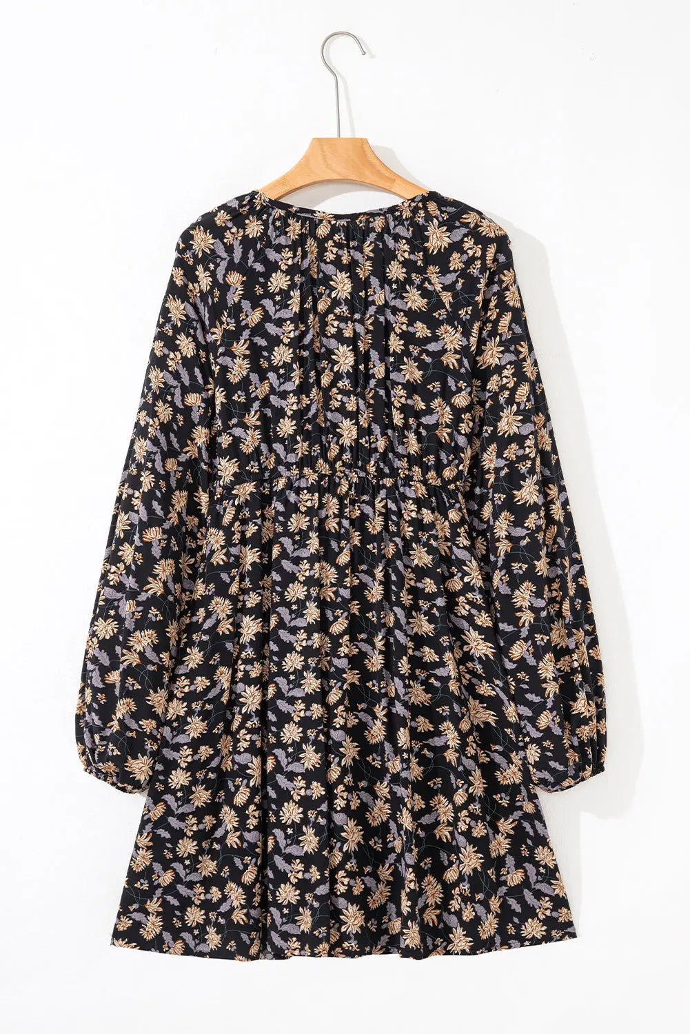 Beige Floral Deep V Neck Smocked Bust Bubble Sleeve Babydoll Dress - eAura