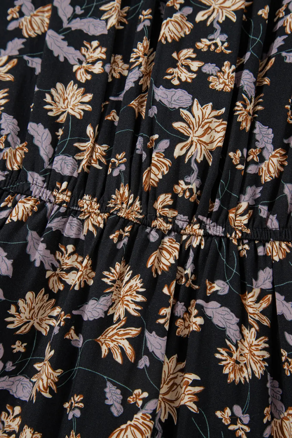 Beige Floral Deep V Neck Smocked Bust Bubble Sleeve Babydoll Dress - eAura