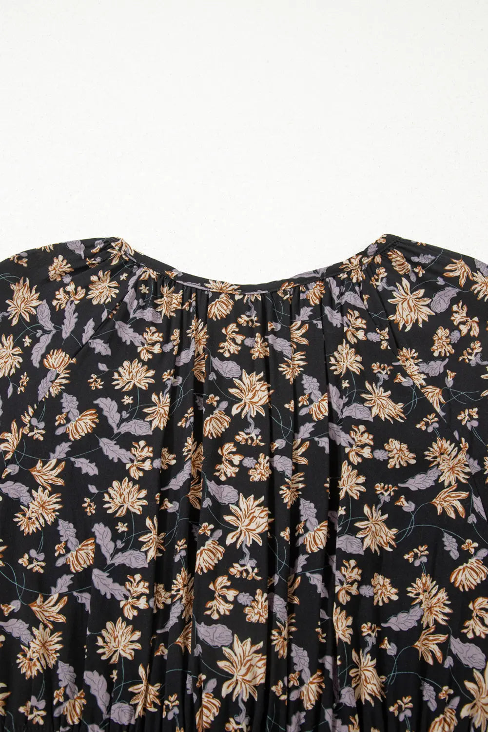 Beige Floral Deep V Neck Smocked Bust Bubble Sleeve Babydoll Dress - eAura