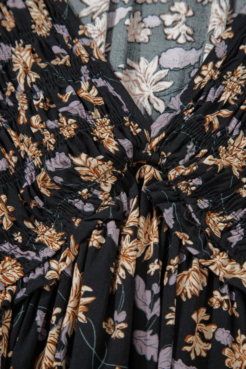 Beige Floral Deep V Neck Smocked Bust Bubble Sleeve Babydoll Dress - eAura