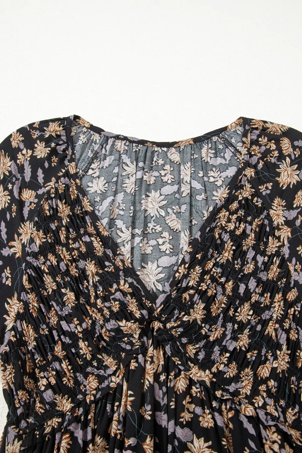 Beige Floral Deep V Neck Smocked Bust Bubble Sleeve Babydoll Dress - eAura