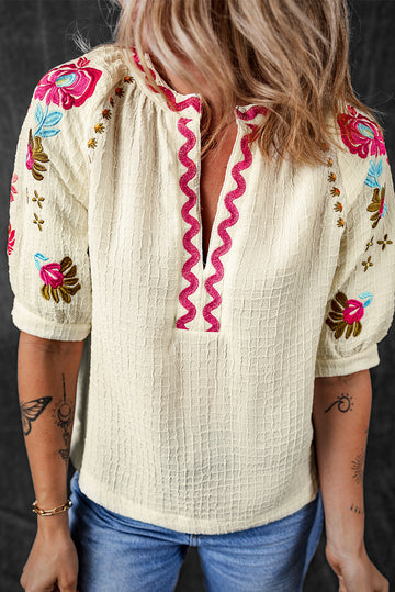 Beige Floral Embroidered Ricrac Puff Sleeve Textured Blouse - eAura