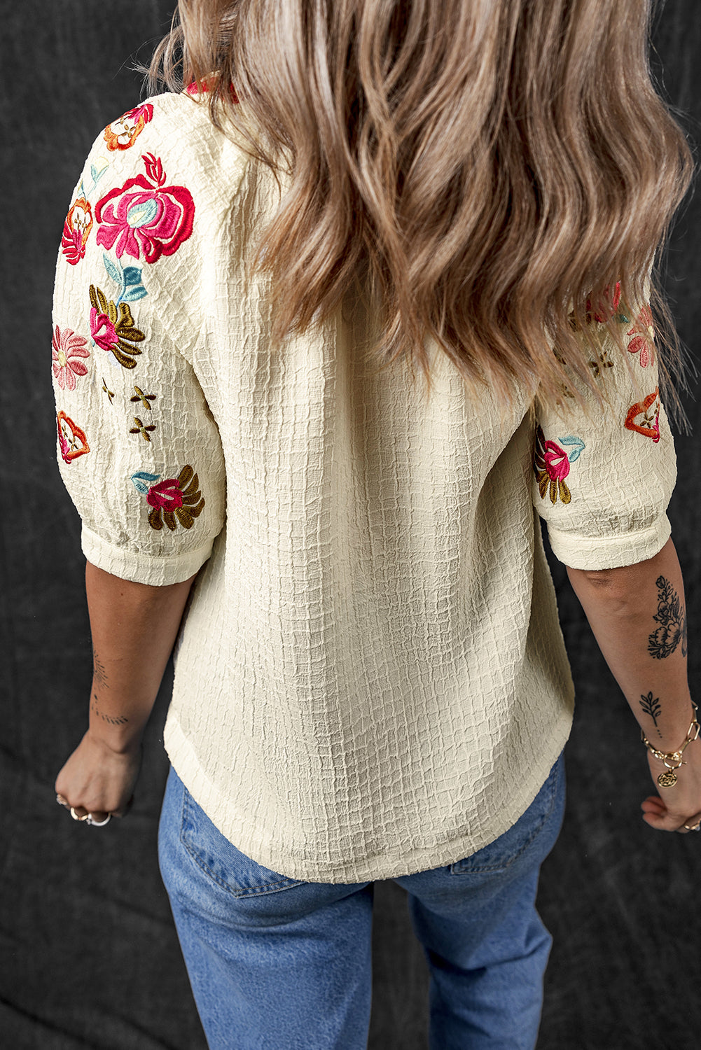Beige Floral Embroidered Ricrac Puff Sleeve Textured Blouse - eAura