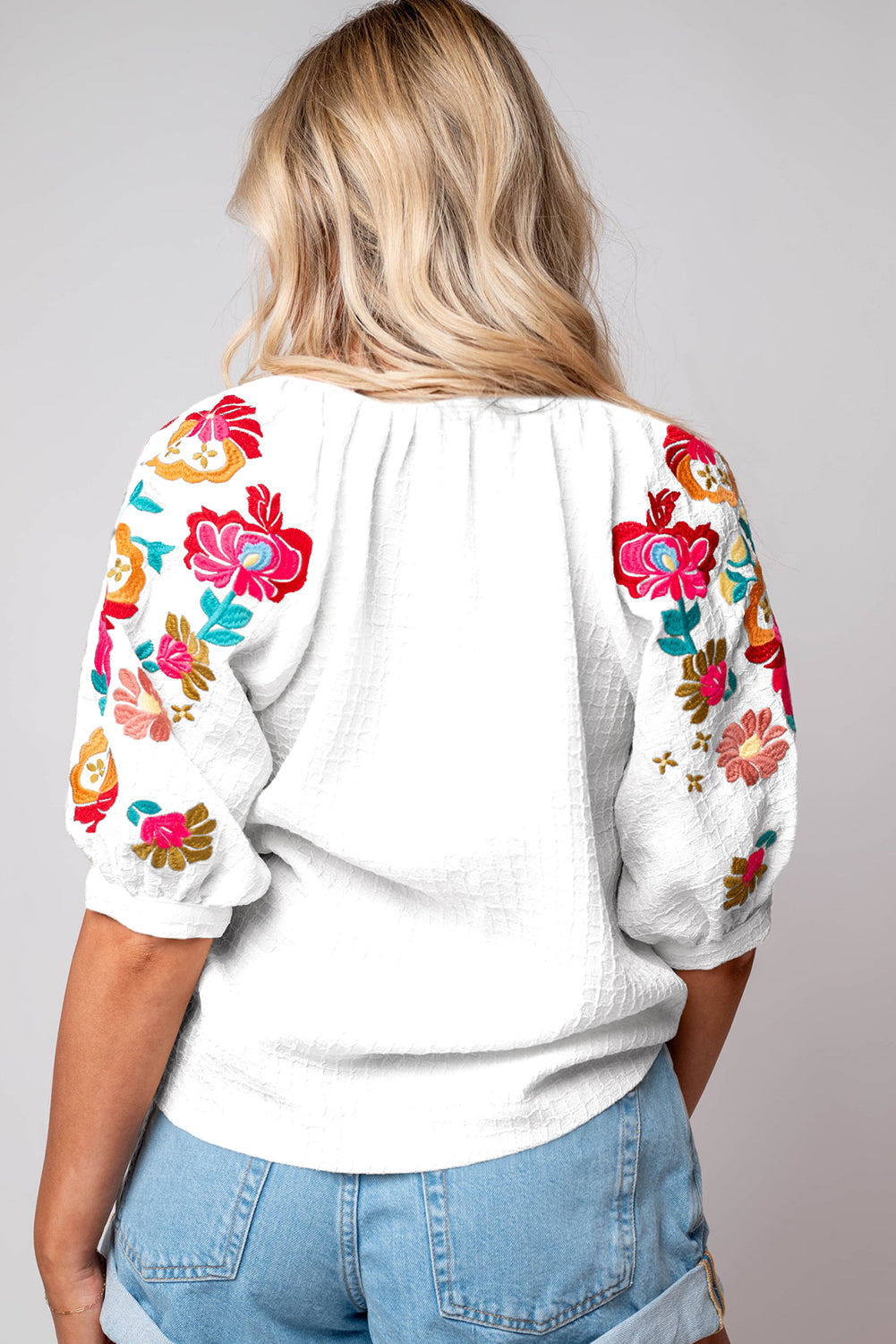 Beige Floral Embroidered Ricrac Puff Sleeve Textured Blouse - eAura