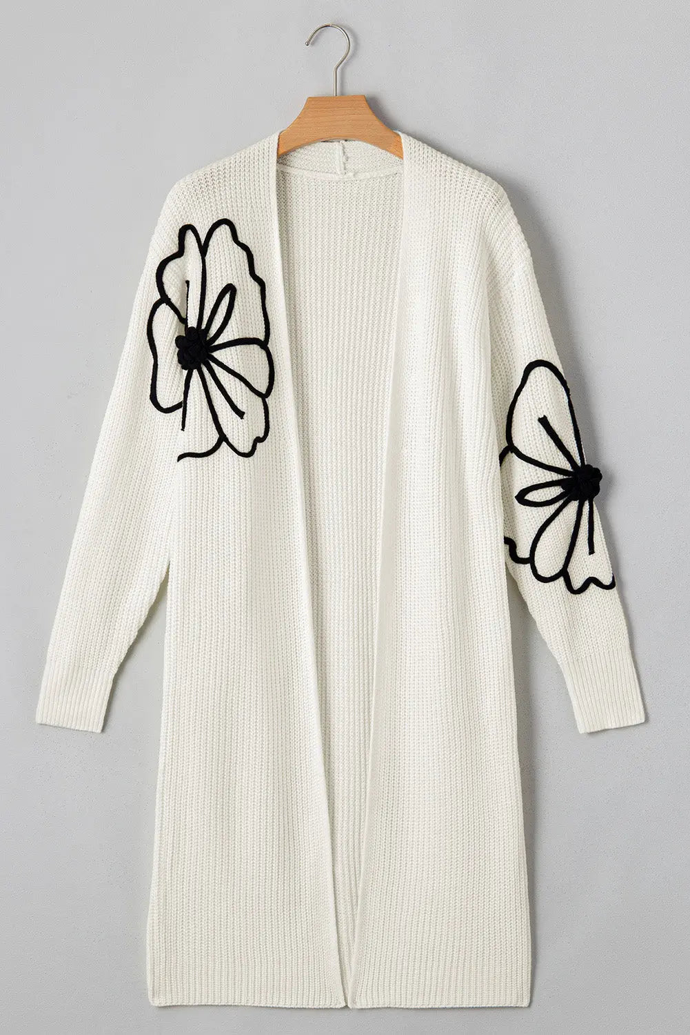 Beige Flower Embroidered Drop Shoulder Open Front Duster Cardigan - eAura