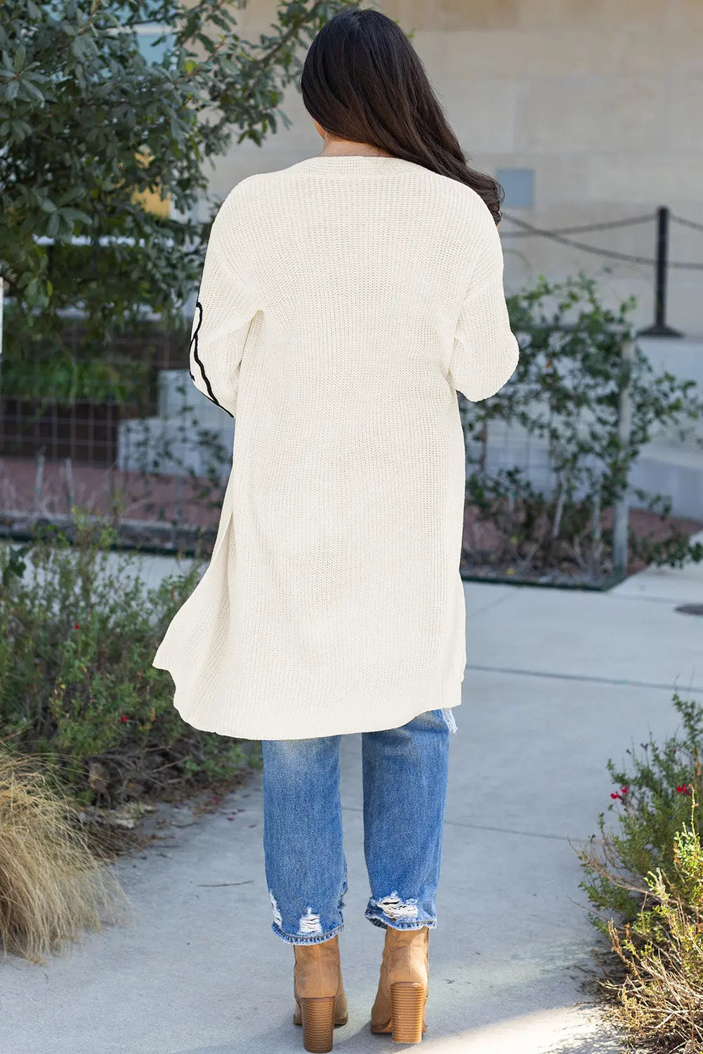 Beige Flower Embroidered Drop Shoulder Open Front Duster Cardigan - eAura