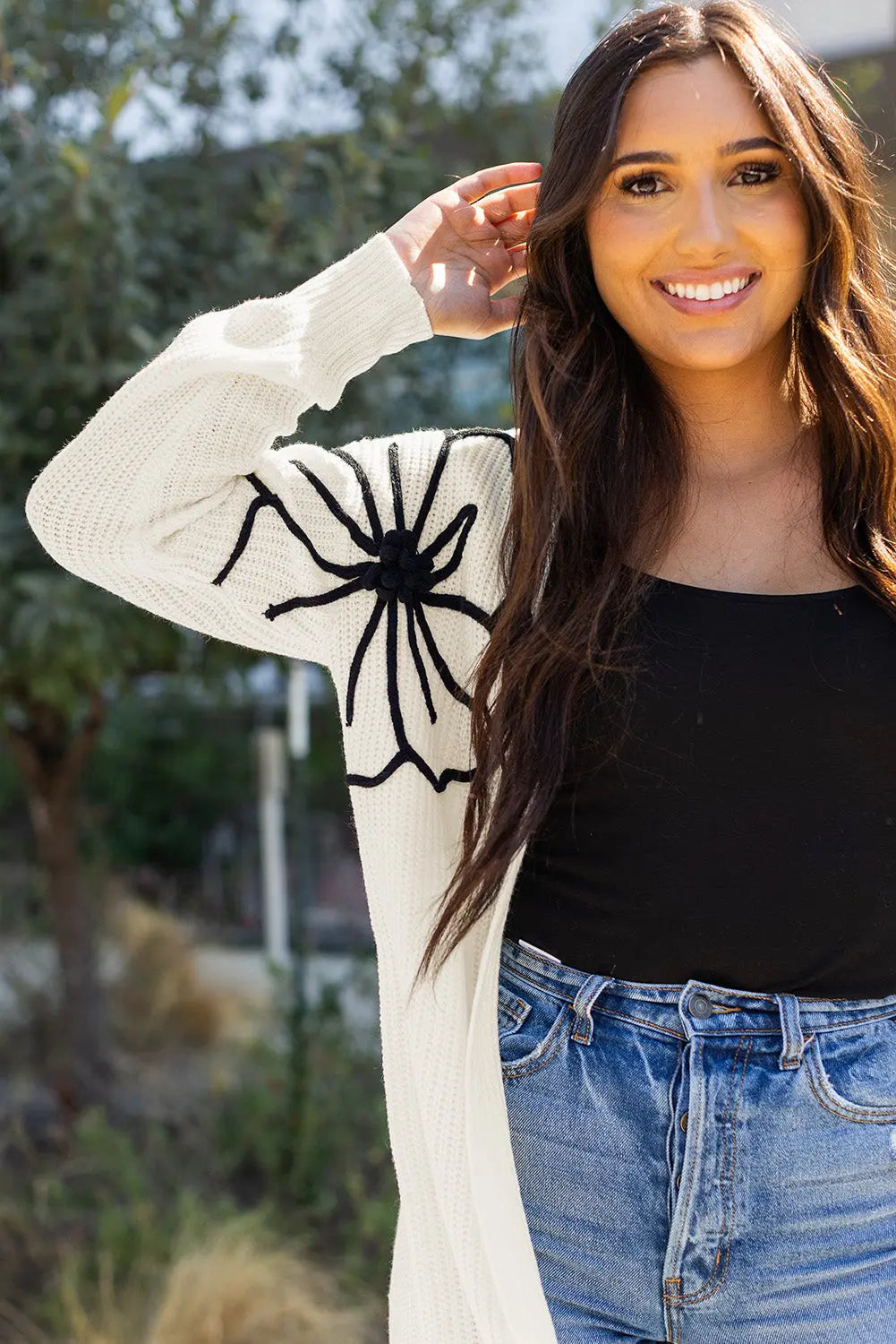 Beige Flower Embroidered Drop Shoulder Open Front Duster Cardigan - eAura