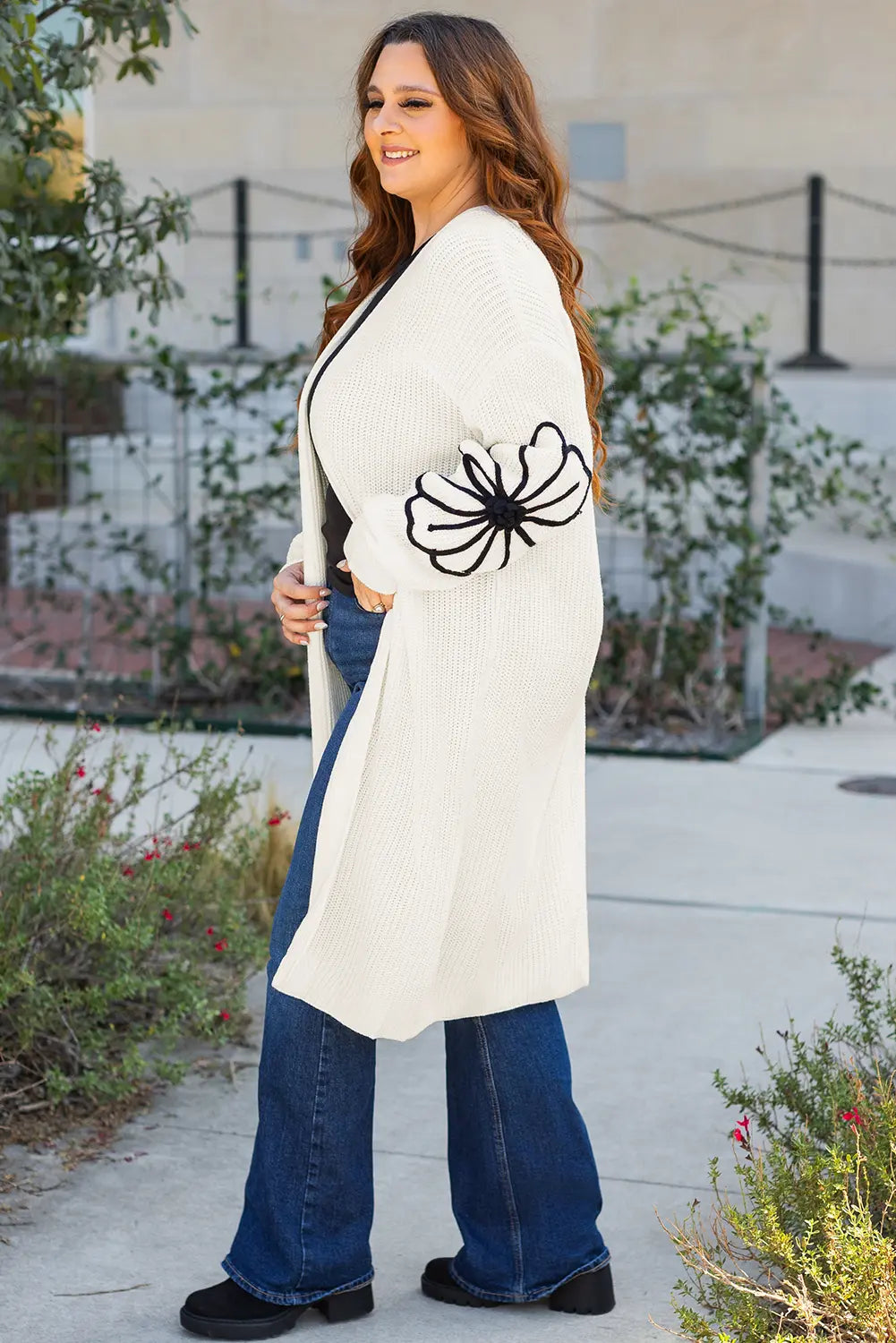 Beige Flower Embroidered Drop Shoulder Open Front Duster Cardigan - eAura