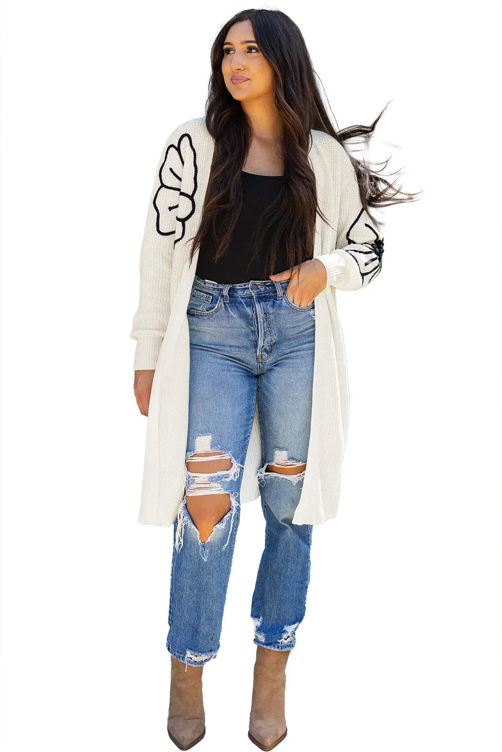 Beige Flower Embroidered Drop Shoulder Open Front Duster Cardigan - eAura