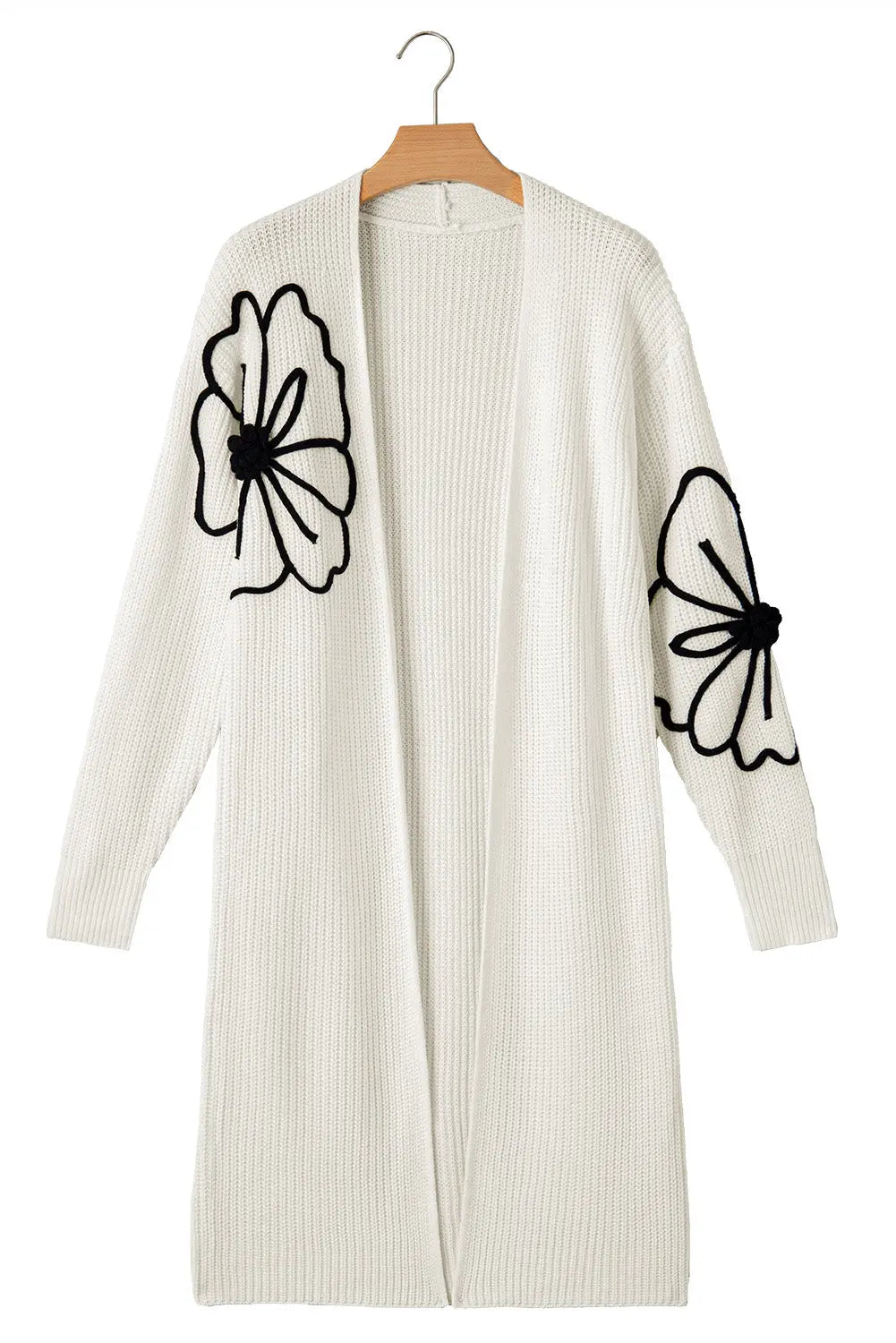 Beige Flower Embroidered Drop Shoulder Open Front Duster Cardigan - eAura