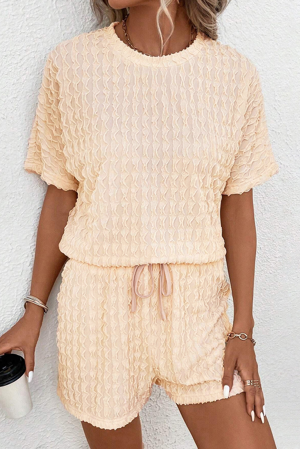 Beige Frill Textured Short Sleeve Top and Drawstring Shorts Set - BEIGE / S / 95% POLYESTER + 5% ELASTANE - Two Piece