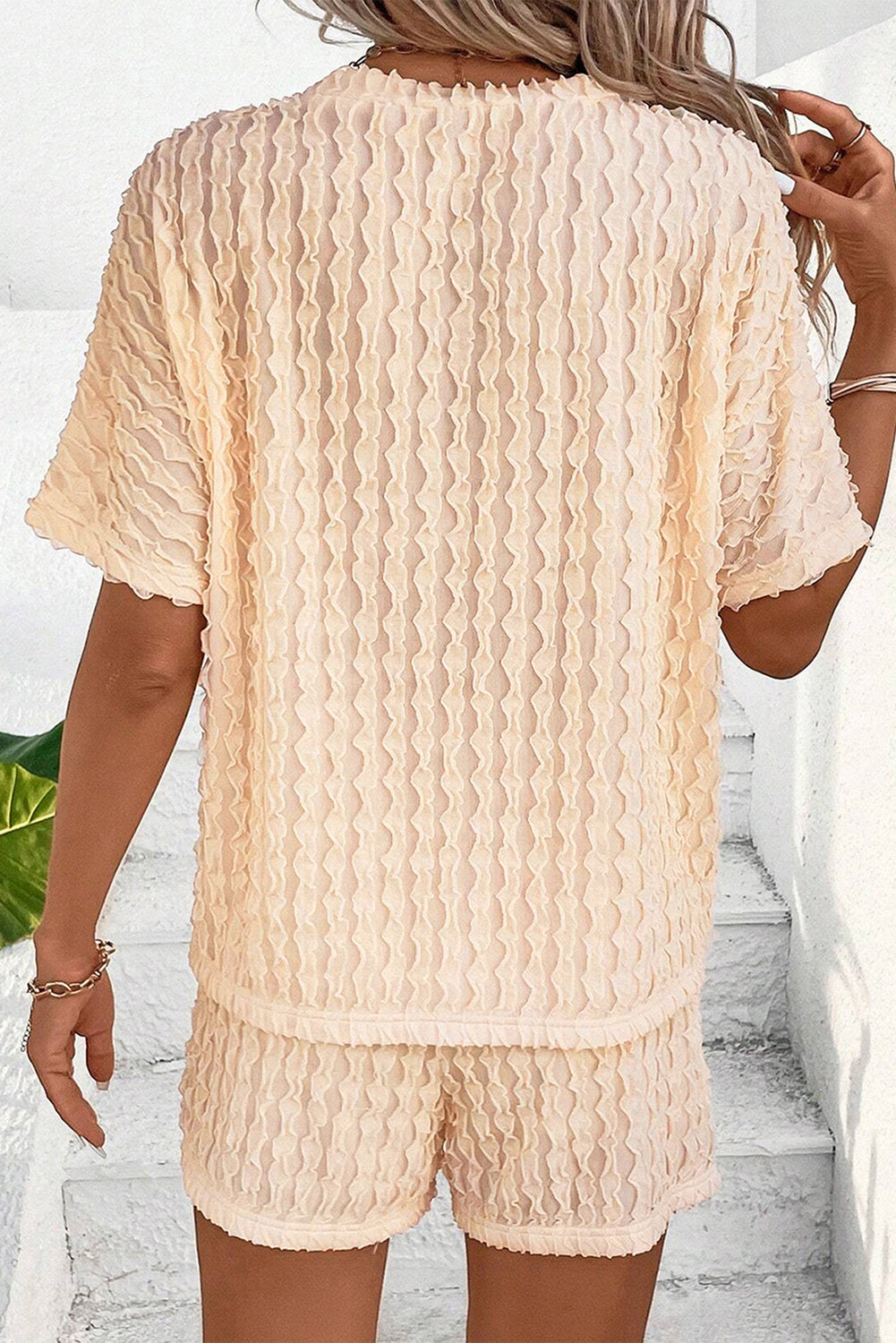 Beige Frill Textured Short Sleeve Top and Drawstring Shorts Set - Two Piece Sets/Short Sets