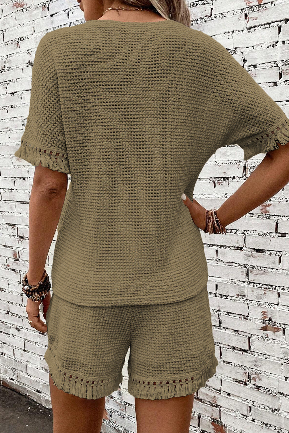 Beige Fringe Trim Textured Short Two Piece Set Co-ord - eAura