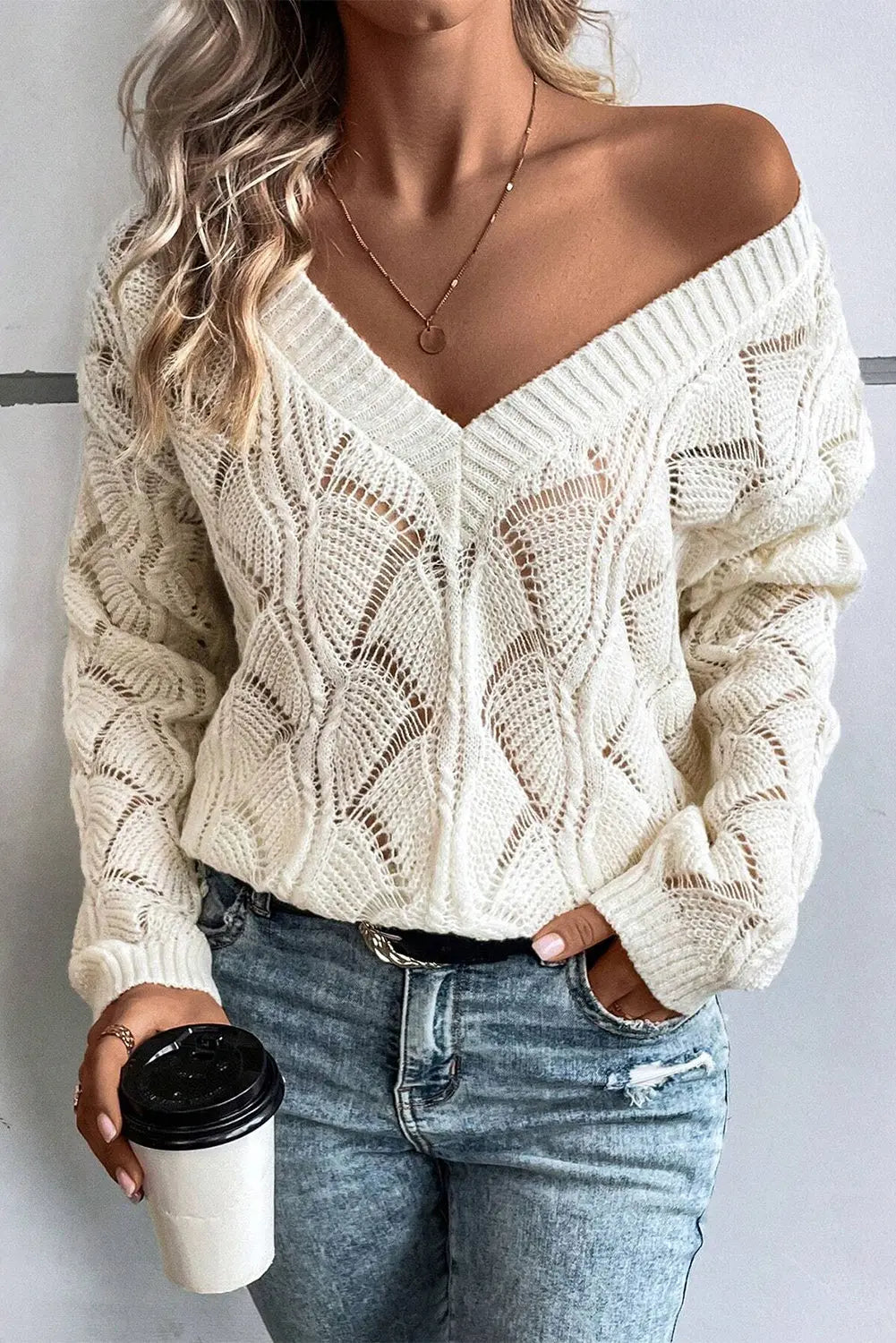 Beige Hollow Out Knit V Neck Drop Shoulder Sweater Beagle Boutique Fashion Outlet