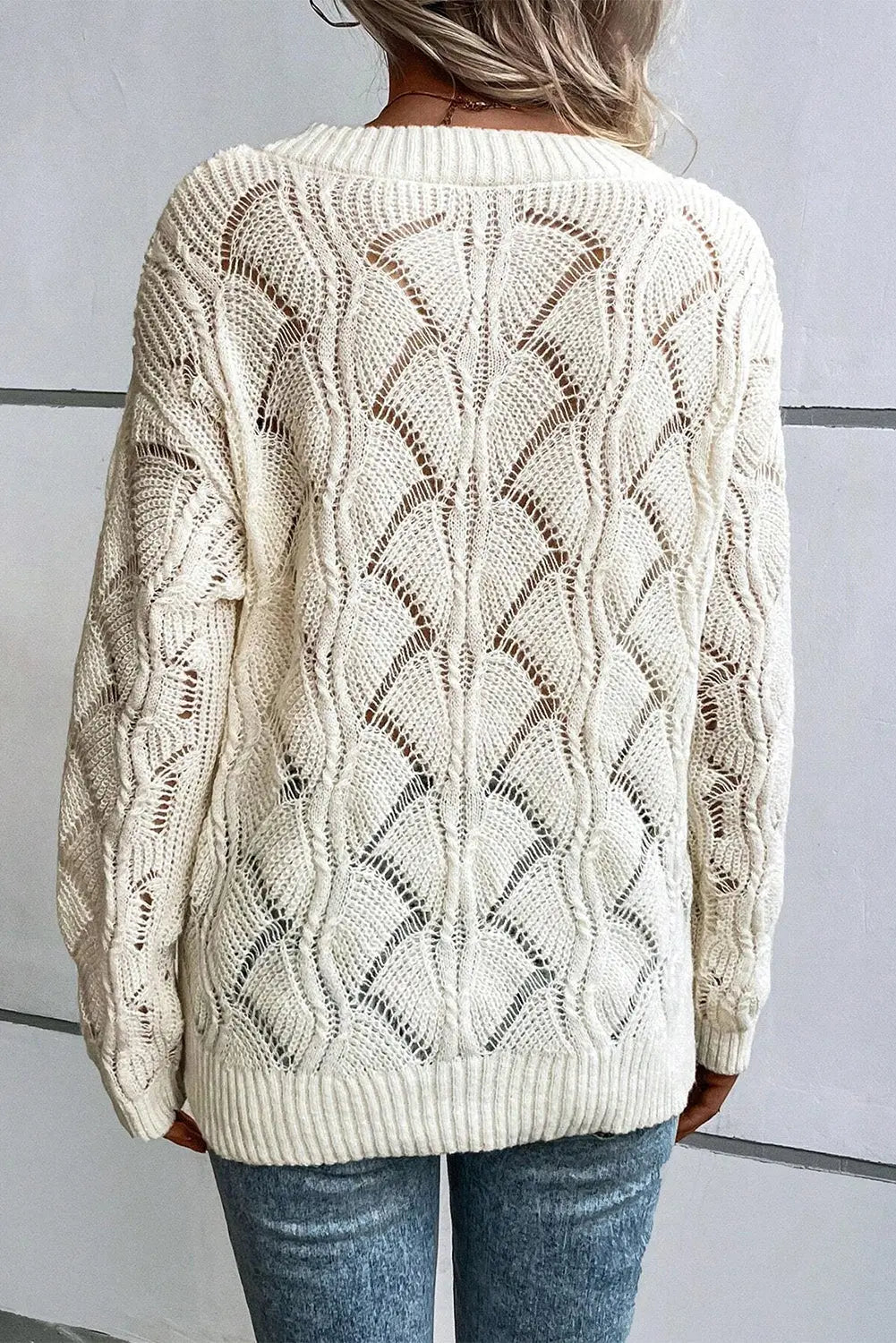 Beige Hollow Out Knit V Neck Drop Shoulder Sweater Beagle Boutique Fashion Outlet