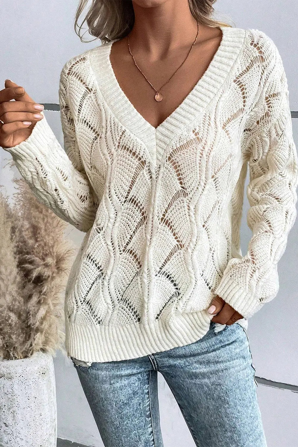Beige Hollow Out Knit V Neck Drop Shoulder Sweater Beagle Boutique Fashion Outlet