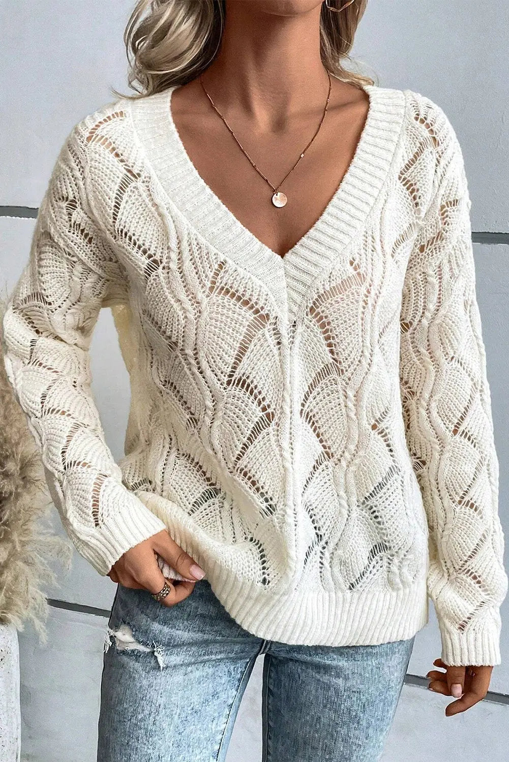 Beige Hollow Out Knit V Neck Drop Shoulder Sweater Beagle Boutique Fashion Outlet