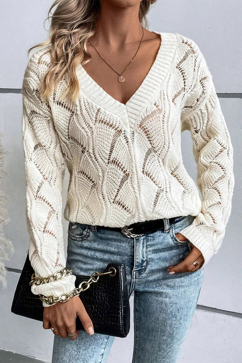 Beige Hollow Out Knit V Neck Drop Shoulder Sweater Beagle Boutique Fashion Outlet