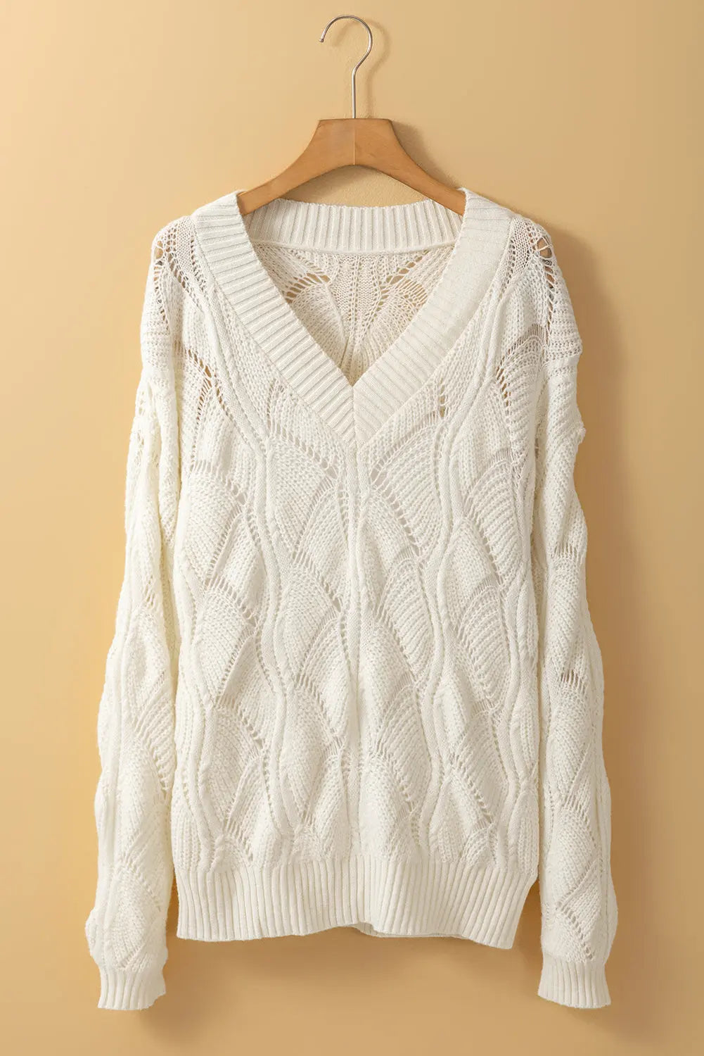 Beige Hollow Out Knit V Neck Drop Shoulder Sweater Beagle Boutique Fashion Outlet