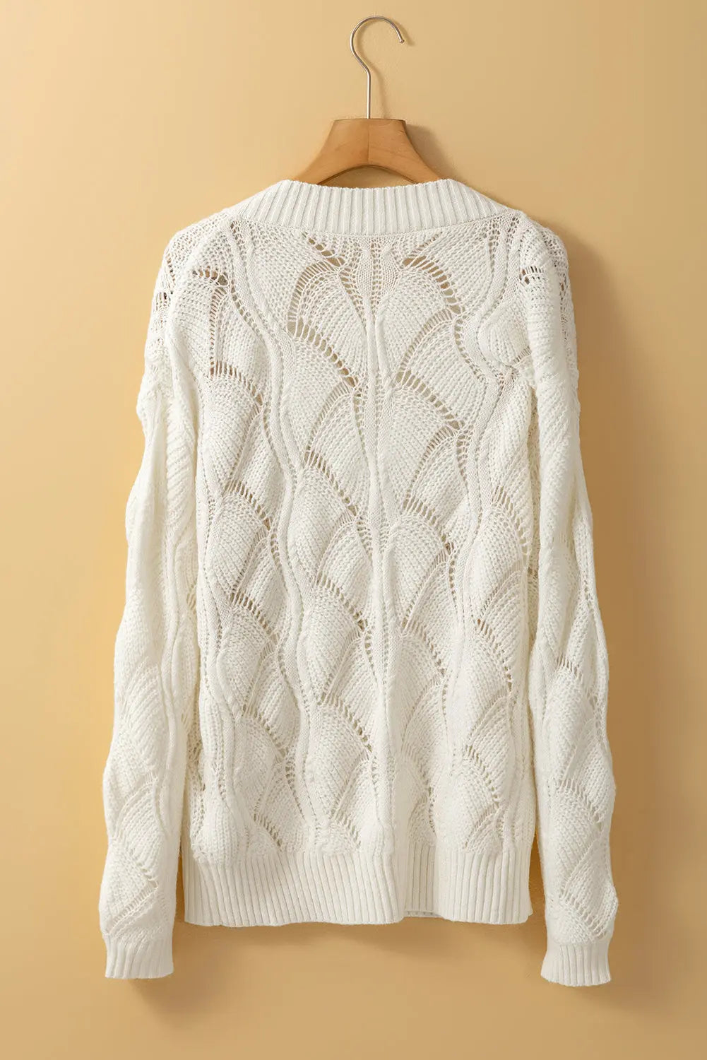 Beige Hollow Out Knit V Neck Drop Shoulder Sweater Beagle Boutique Fashion Outlet