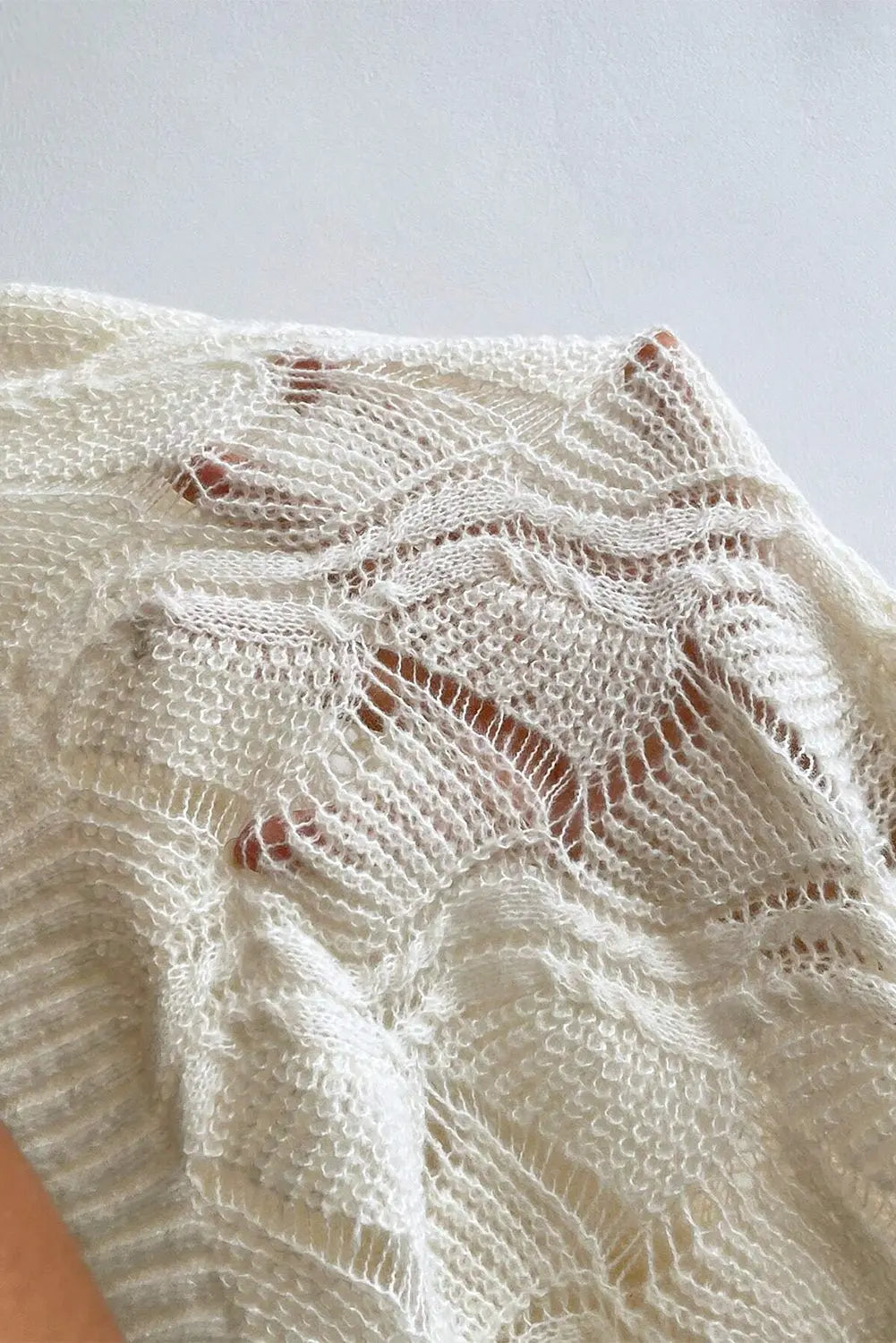 Beige Hollow Out Knit V Neck Drop Shoulder Sweater Beagle Boutique Fashion Outlet